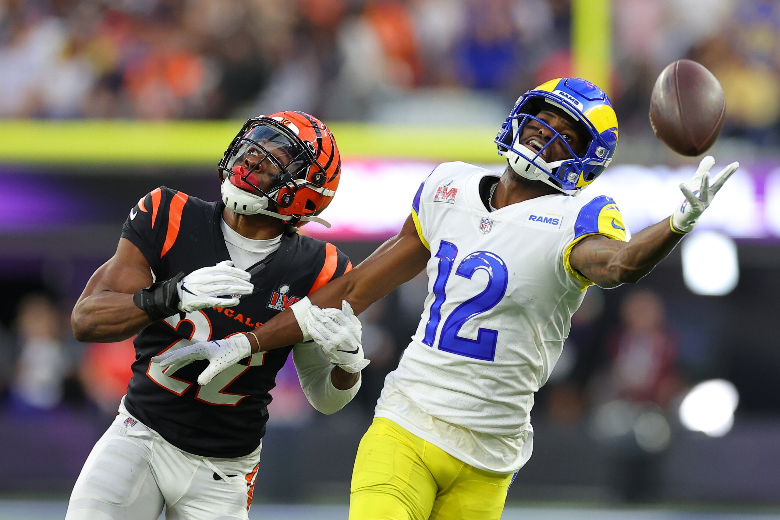 INGLEWOOD, CALIFORNIA - FEBRUARY 13: Chidobe Awuzie #22 of the Cincinnati Bengals breaks up a pass meant for Van Jefferson #12 of the Los Angeles Rams in the second quarter during Super Bowl LVI at SoFi Stadium on February 13, 2022 in Inglewood, California. (Photo by Kevin C. Cox/Getty Images) INGLEWOOD, CALIFORNIA - FEBRUARY 13: Chidobe Awuzie #22 of the Cincinnati Bengals breaks up a pass meant for Van Jefferson #12 of the Los Angeles Rams in the second quarter during Super Bowl LVI at SoFi Stadium on February 13, 2022 in Inglewood, California. (Photo by Kevin C. Cox/Getty Images)