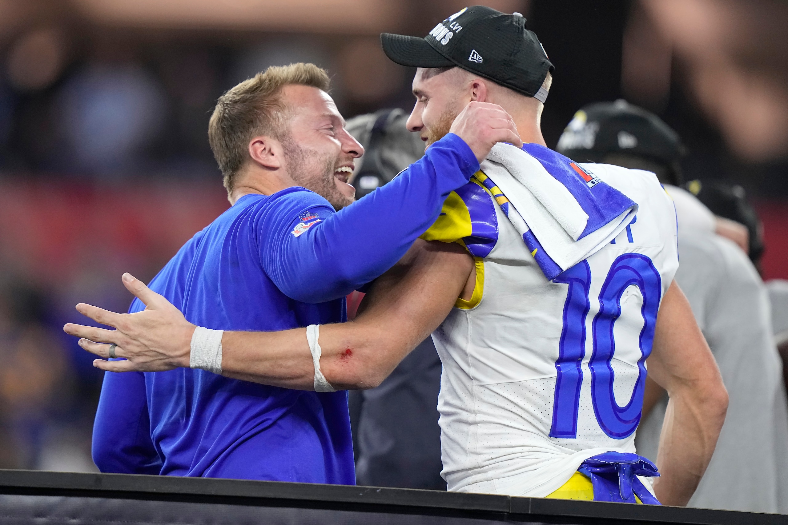 Los Angeles Rams head coach Sean McVay, left, celebrates with wide receiver Cooper Kupp (10) after defeating the Cincinnati Bengals in the NFL Super Bowl 56 football game Sunday, Feb. 13, 2022, in Inglewood, Calif. (AP Photo/Lynne Sladky)