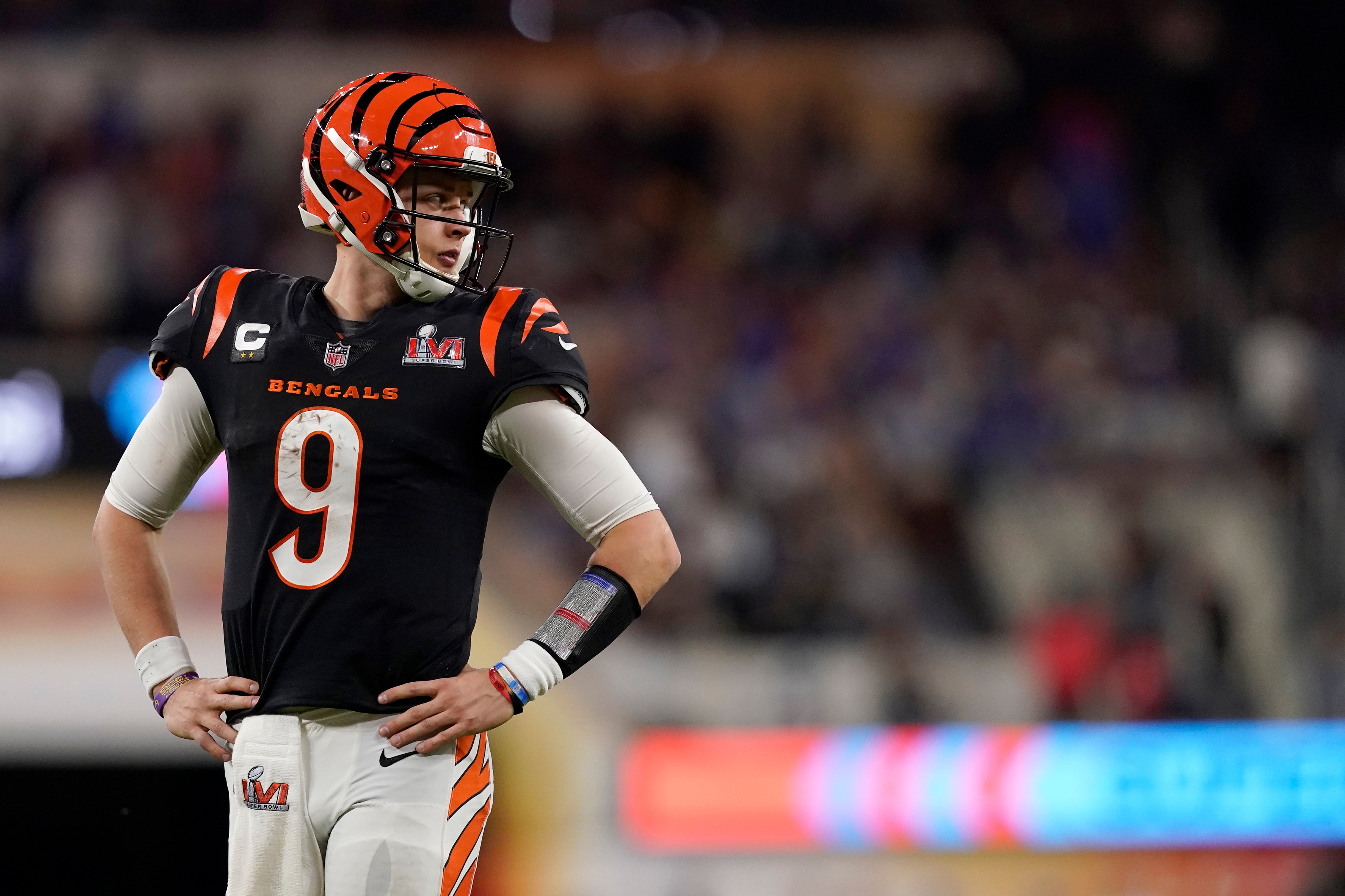 Cincinnati Bengals quarterback Joe Burrow (9) is seen against the Los Angeles Rams during the second half of Super Bowl 56, Sunday, Feb. 13, 2022 in Inglewood, CA. (AP Photo/Steve Luciano)