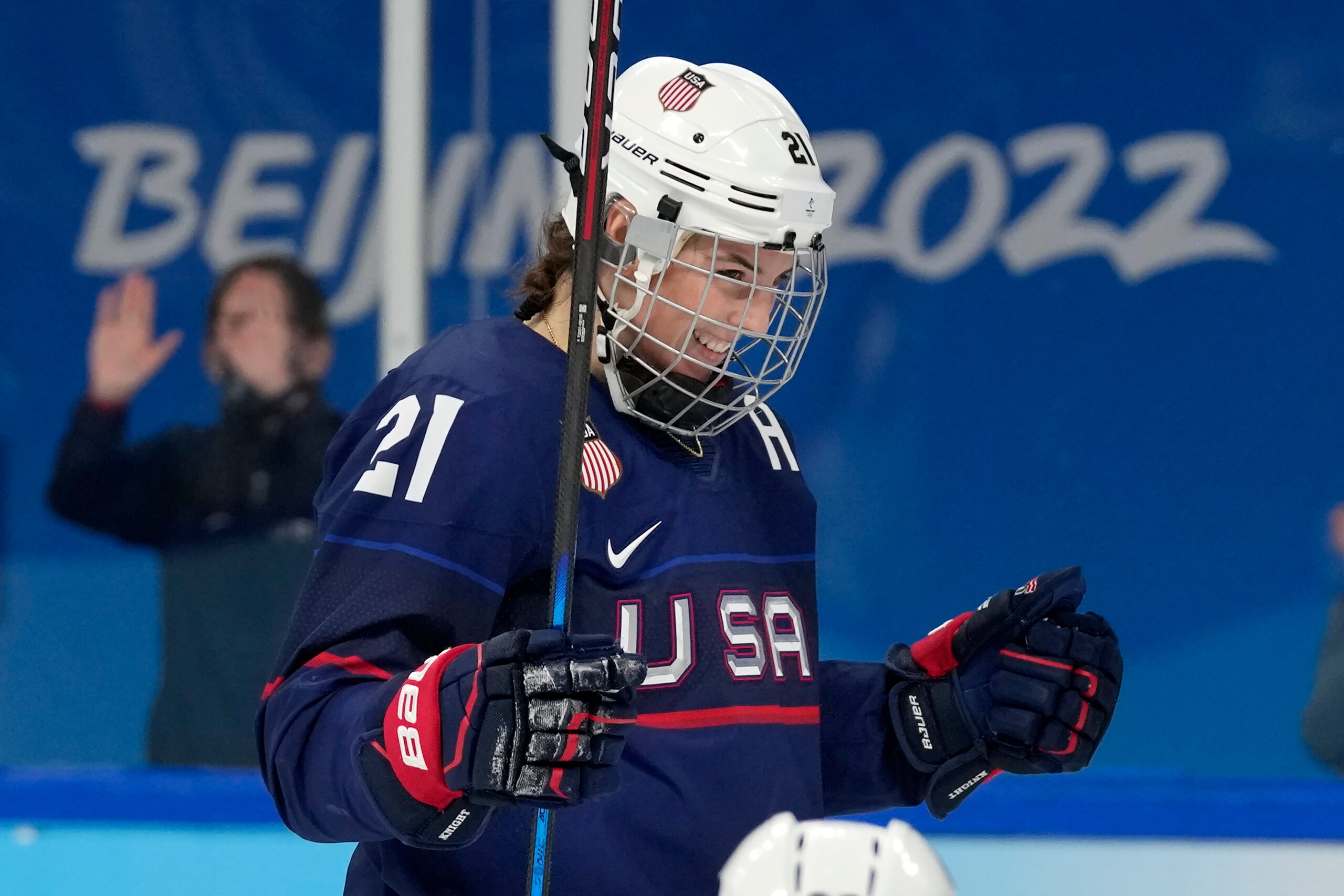 United States' Hilary Knight celebrates after scoring a goal against Finland during a women's semifinal hockey game at the 2022 Winter Olympics, Monday, Feb. 14, 2022, in Beijing. (AP Photo/Petr David Josek)