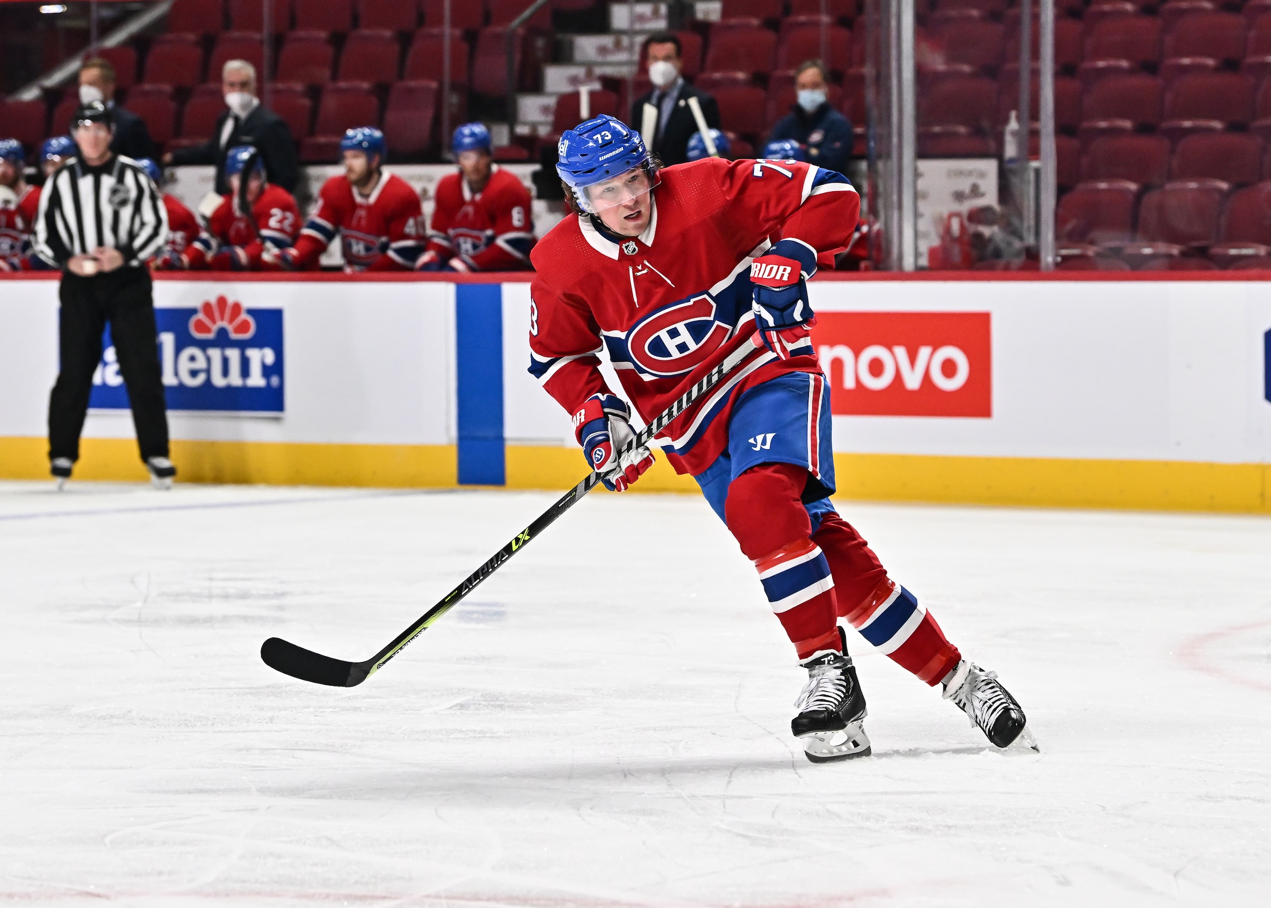 MONTREAL, QC - FEBRUARY 08:  Tyler Toffoli #73 of the Montreal Canadiens skates against the New Jersey Devils during the third period at Centre Bell on February 8, 2022 in Montreal, Canada.  The New Jersey Devils defeated the Montreal Canadiens 7-1.  (Photo by Minas Panagiotakis/Getty Images)