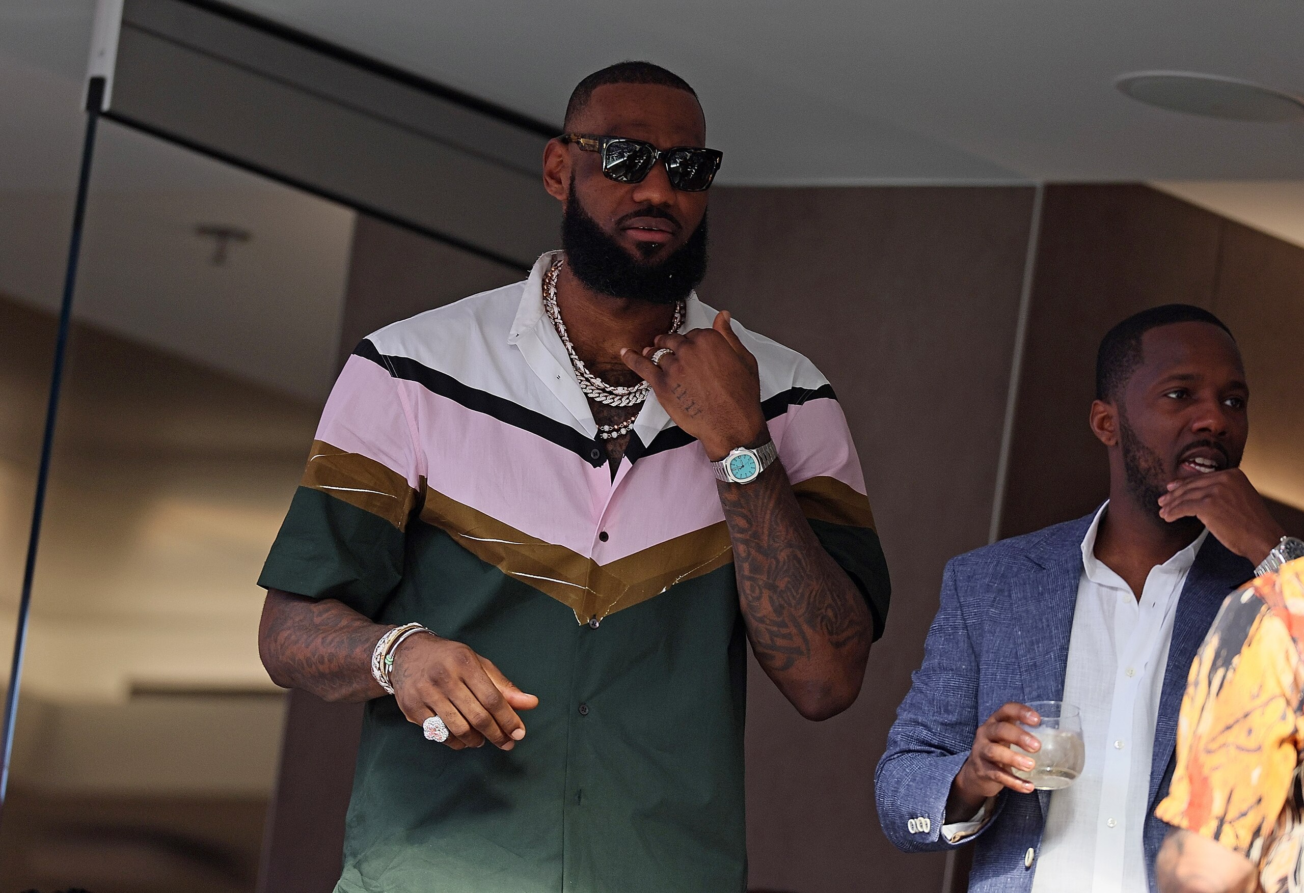 INGLEWOOD, CALIFORNIA - FEBRUARY 13: NBA player LeBron James attends Super Bowl LVI between the Los Angeles Rams and the Cincinnati Bengals at SoFi Stadium on February 13, 2022 in Inglewood, California. (Photo by Andy Lyons/Getty Images)
