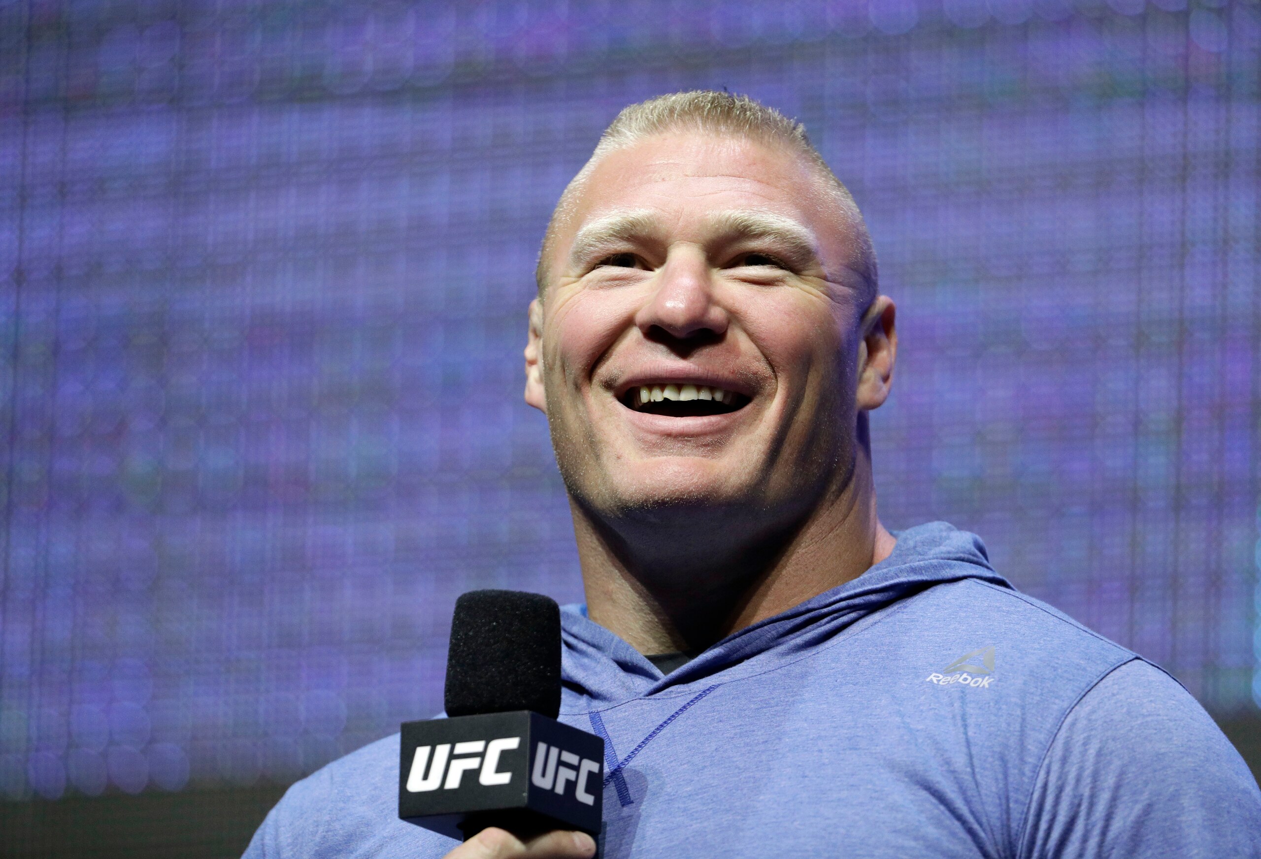 Brock Lesnar speaks during a UFC 200 mixed martial arts workout, Thursday, July 7, 2016, in Las Vegas. Lesnar is scheduled to fight Mark Hunt in a heavyweight fight at UFC 200 on Saturday. (AP Photo/John Locher)