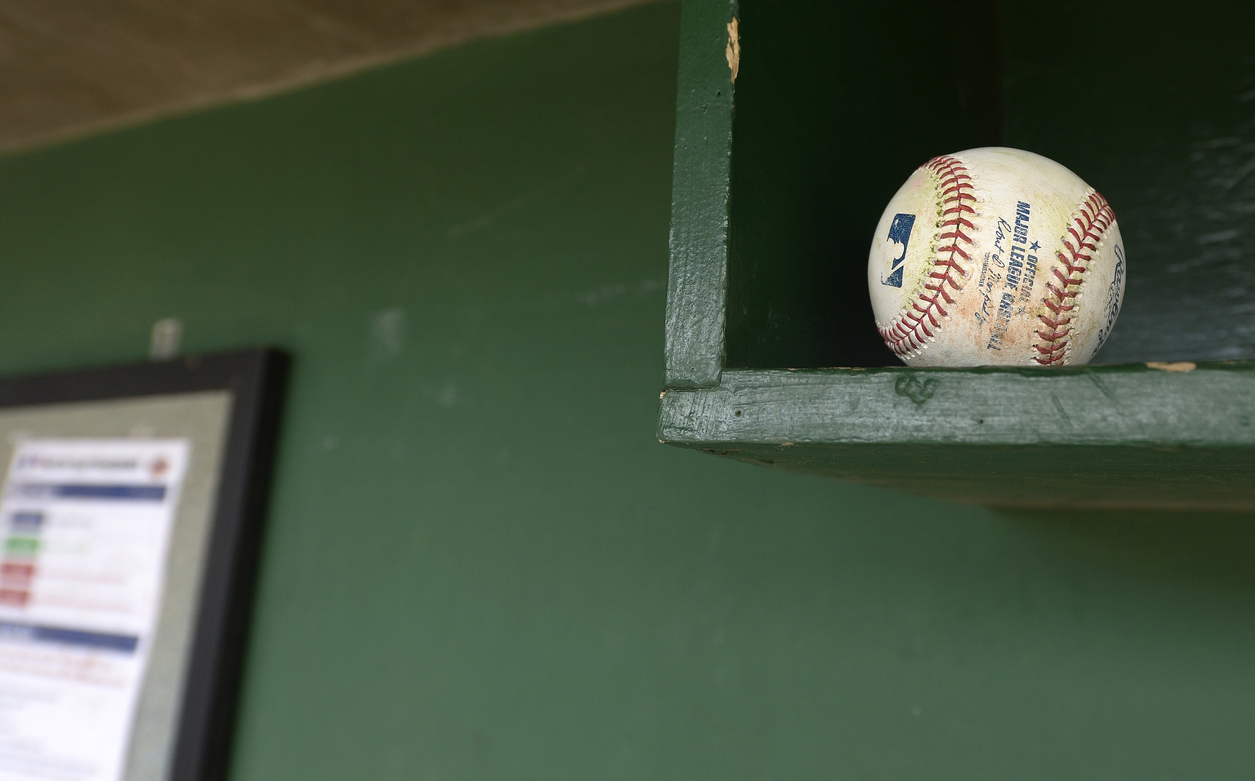 SCOTTSDALE, ARIZONA - FEBRUARY 25:  A general generic view of an official Major League Baseball sitting in the dugout during the game between the San Francisco Giants and Chicago White Sox on February 25, 2019 at Scottsdale Stadium in Scottsdale Arizona.  (Photo by Ron Vesely/MLB Photos via Getty Images)