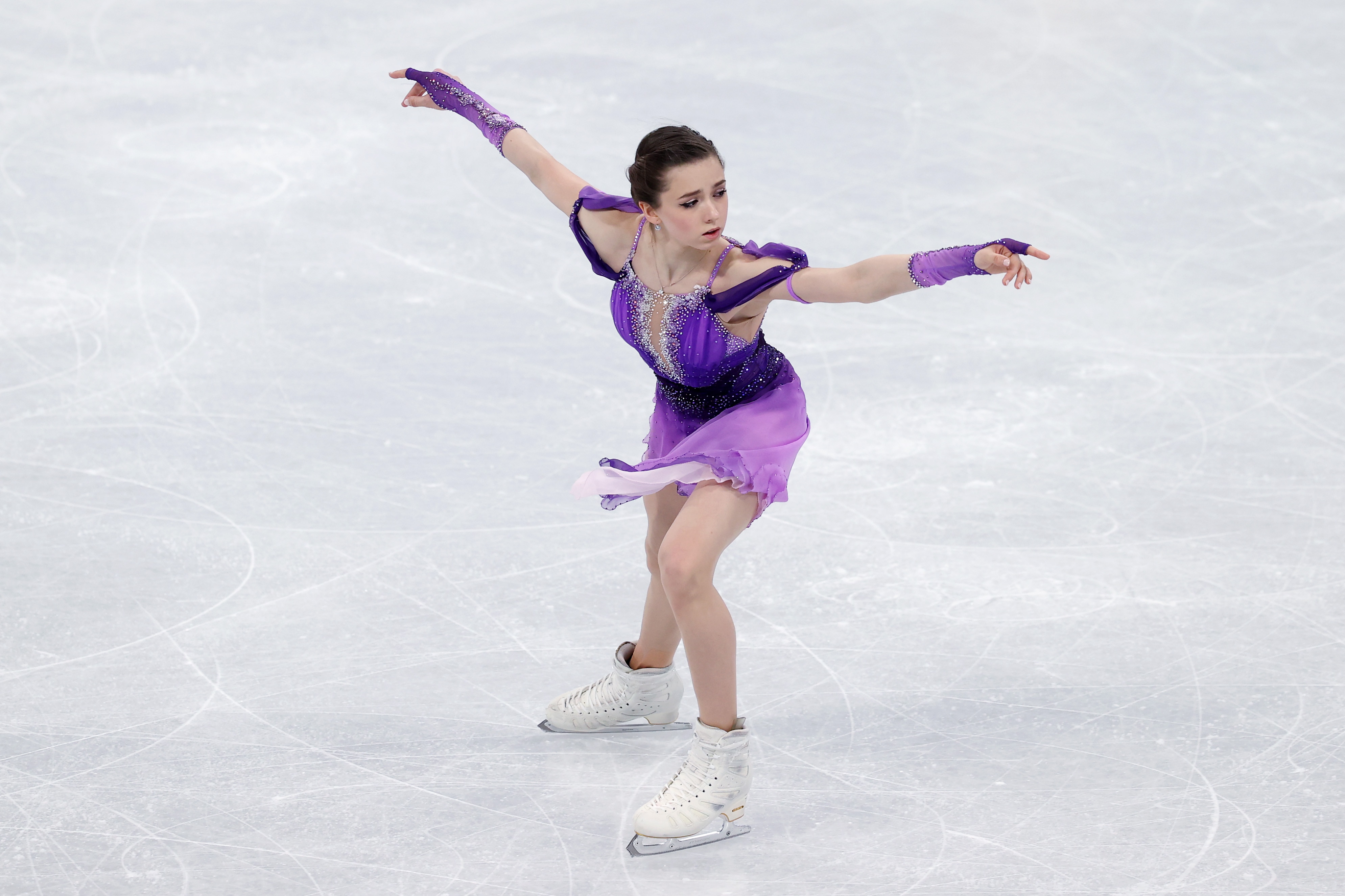 BEIJING, CHINA - FEBRUARY 15: Kamila Valieva of Team ROC warms up prior to the Women Single Skating Short Program on day eleven of the Beijing 2022 Winter Olympic Games at Capital Indoor Stadium on February 15, 2022 in Beijing, China. (Photo by Catherine Ivill/Getty Images)