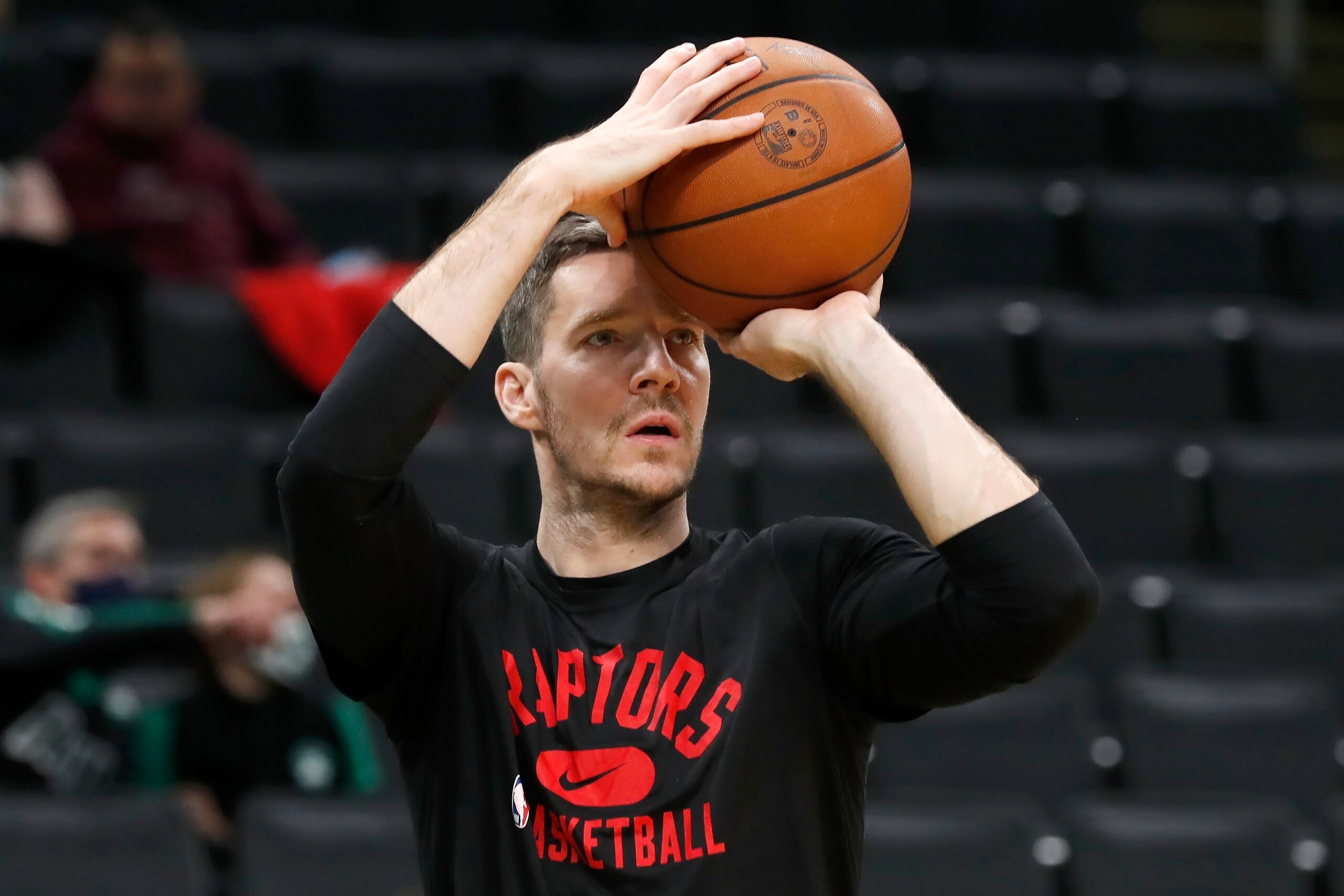 Toronto Raptors' Goran Dragic warms up before an NBA basketball game against the Boston Celtics, Wednesday, Nov. 10, 2021, in Boston. (AP Photo/Michael Dwyer)