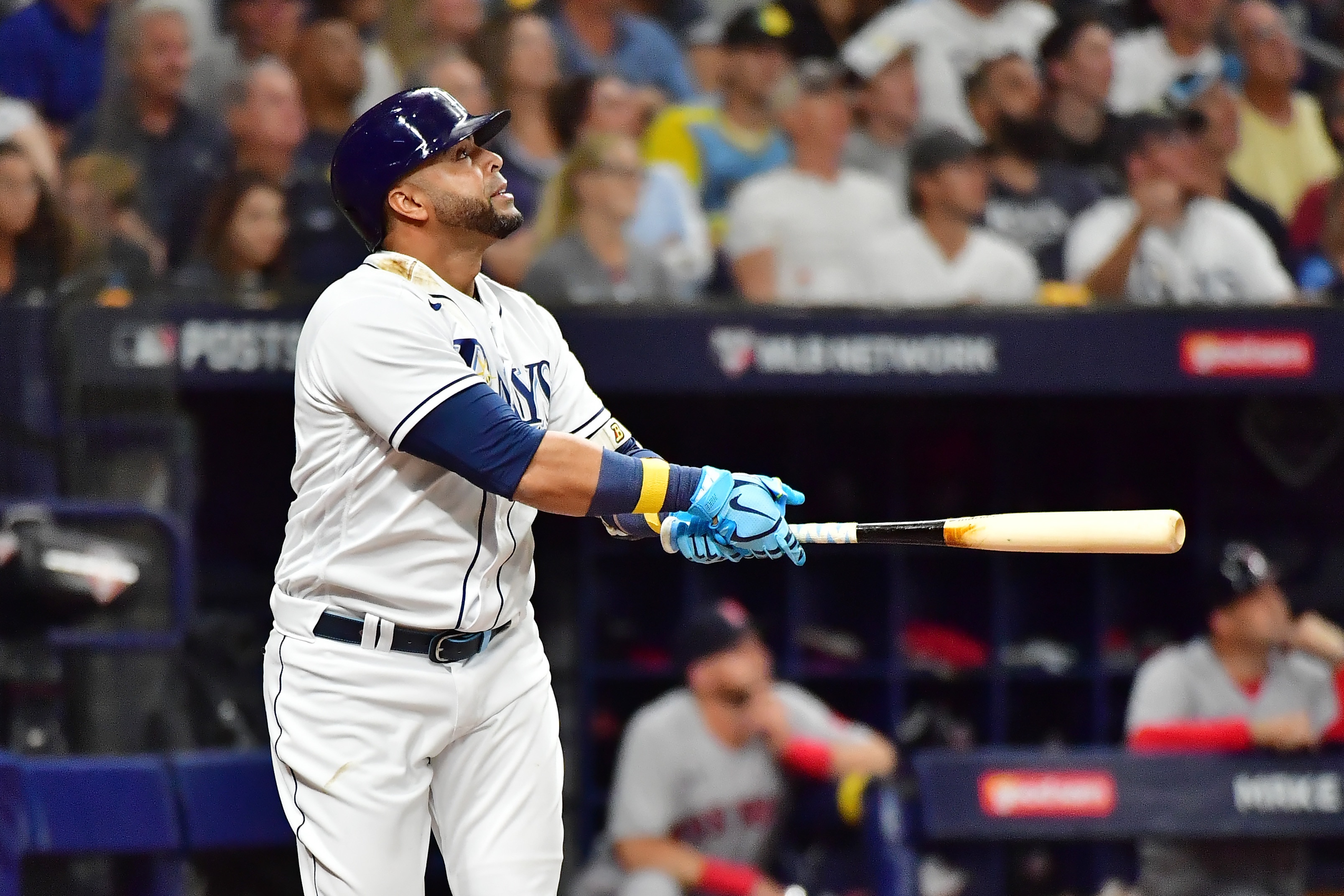 ST PETERSBURG, FLORIDA - OCTOBER 07: Nelson Cruz #23 of the Tampa Bay Rays hits a solo homerun in the third inning against the Boston Red Sox during Game 1 of the American League Division Series at Tropicana Field on October 07, 2021 in St Petersburg, Florida. (Photo by Julio Aguilar/Getty Images)
