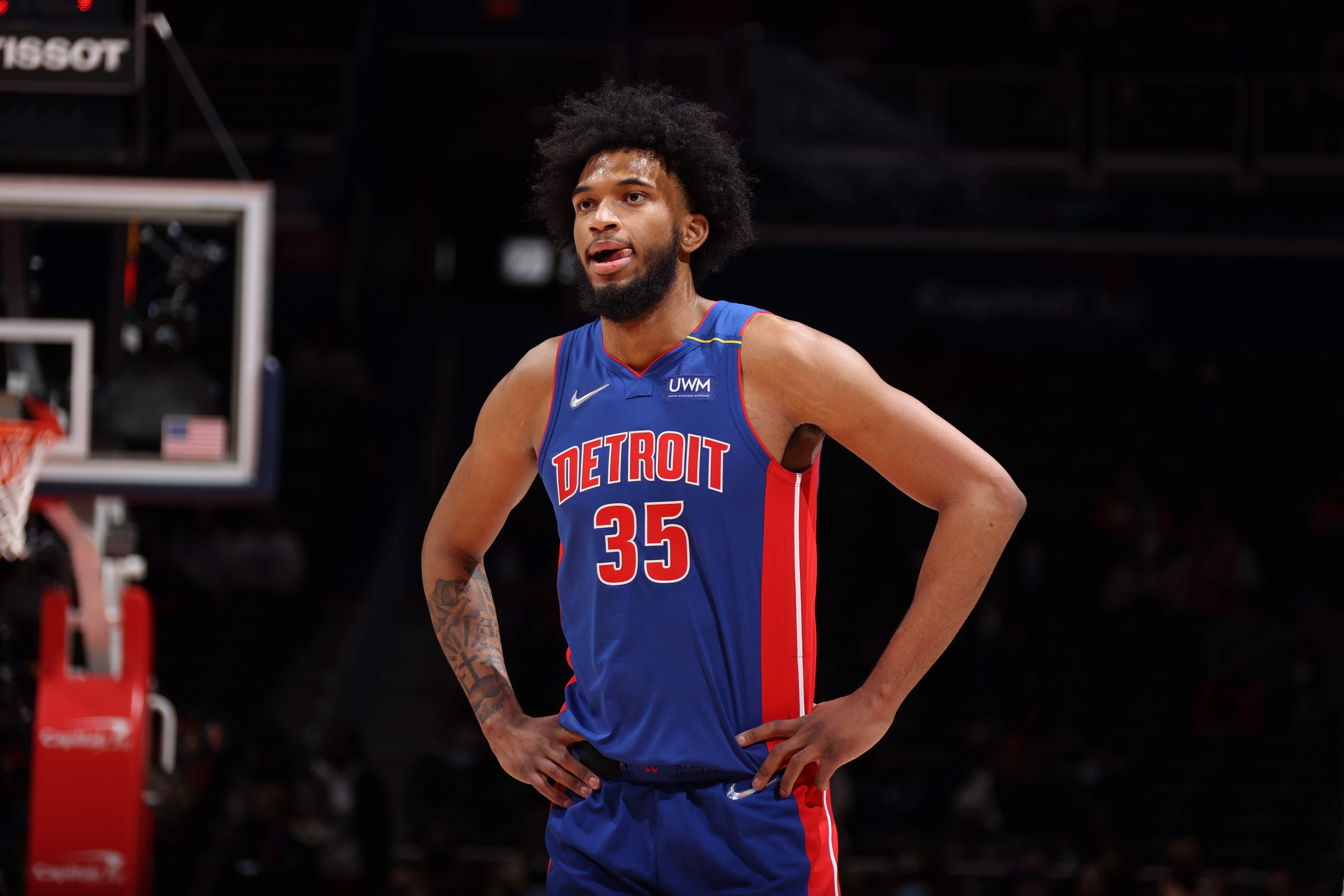 WASHINGTON, DC -  FEBRUARY 14: Marvin Bagley III #35 of the Detroit Pistons looks on during the game against the Washington Wizards on February 14, 2022 at Capital One Arena in Washington, DC. NOTE TO USER: User expressly acknowledges and agrees that, by downloading and or using this Photograph, user is consenting to the terms and conditions of the Getty Images License Agreement. Mandatory Copyright Notice: Copyright 2022 NBAE (Photo by Stephen Gosling/NBAE via Getty Images)