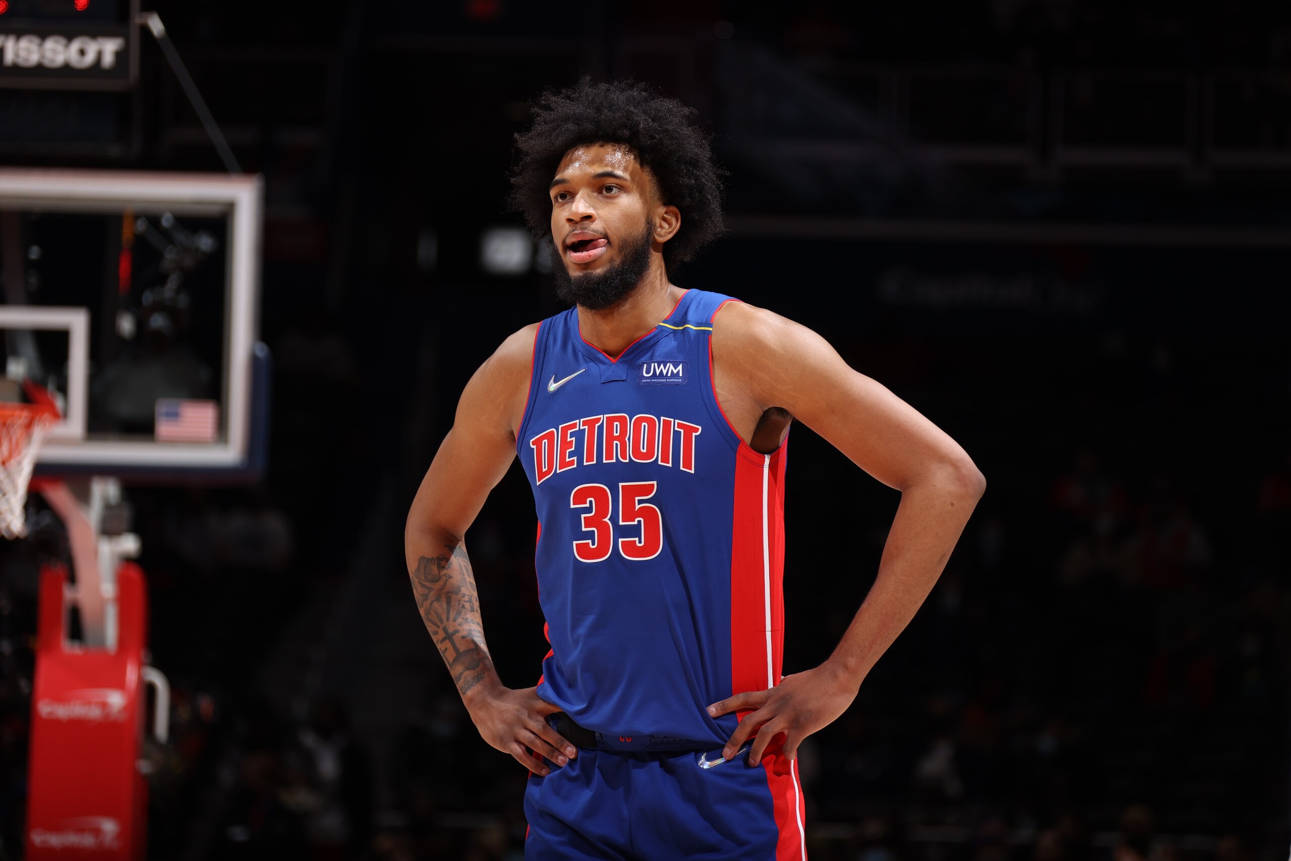 WASHINGTON, DC -  FEBRUARY 14: Marvin Bagley III #35 of the Detroit Pistons looks on during the game against the Washington Wizards on February 14, 2022 at Capital One Arena in Washington, DC. NOTE TO USER: User expressly acknowledges and agrees that, by downloading and or using this Photograph, user is consenting to the terms and conditions of the Getty Images License Agreement. Mandatory Copyright Notice: Copyright 2022 NBAE (Photo by Stephen Gosling/NBAE via Getty Images)