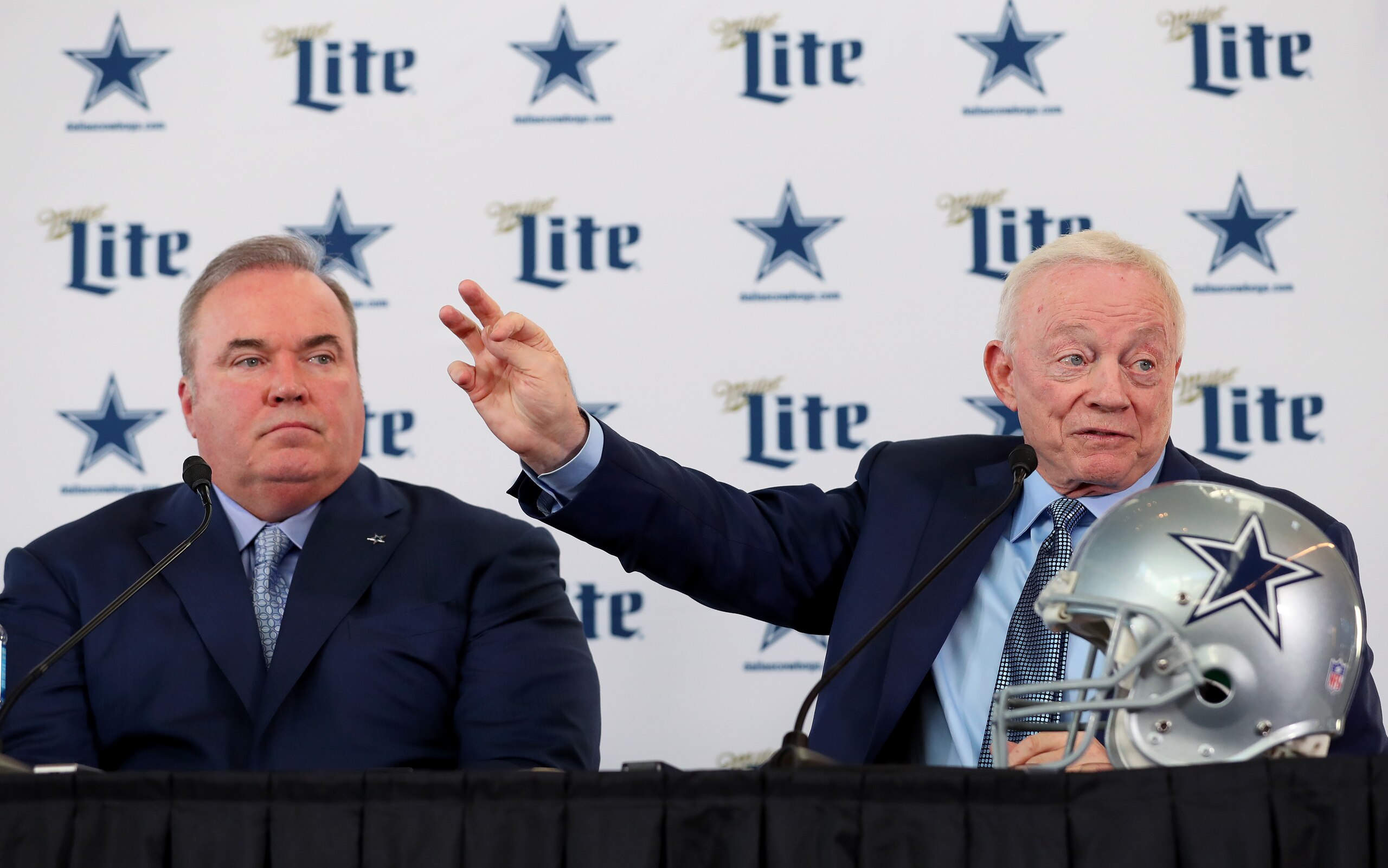 FRISCO, TEXAS - JANUARY 08: Head coach Mike McCarthy of the Dallas Cowboys and Dallas Cowboys owner Jerry Jones talk with the media during a press conference at the Ford Center at The Star on January 08, 2020 in Frisco, Texas. (Photo by Tom Pennington/Getty Images)
