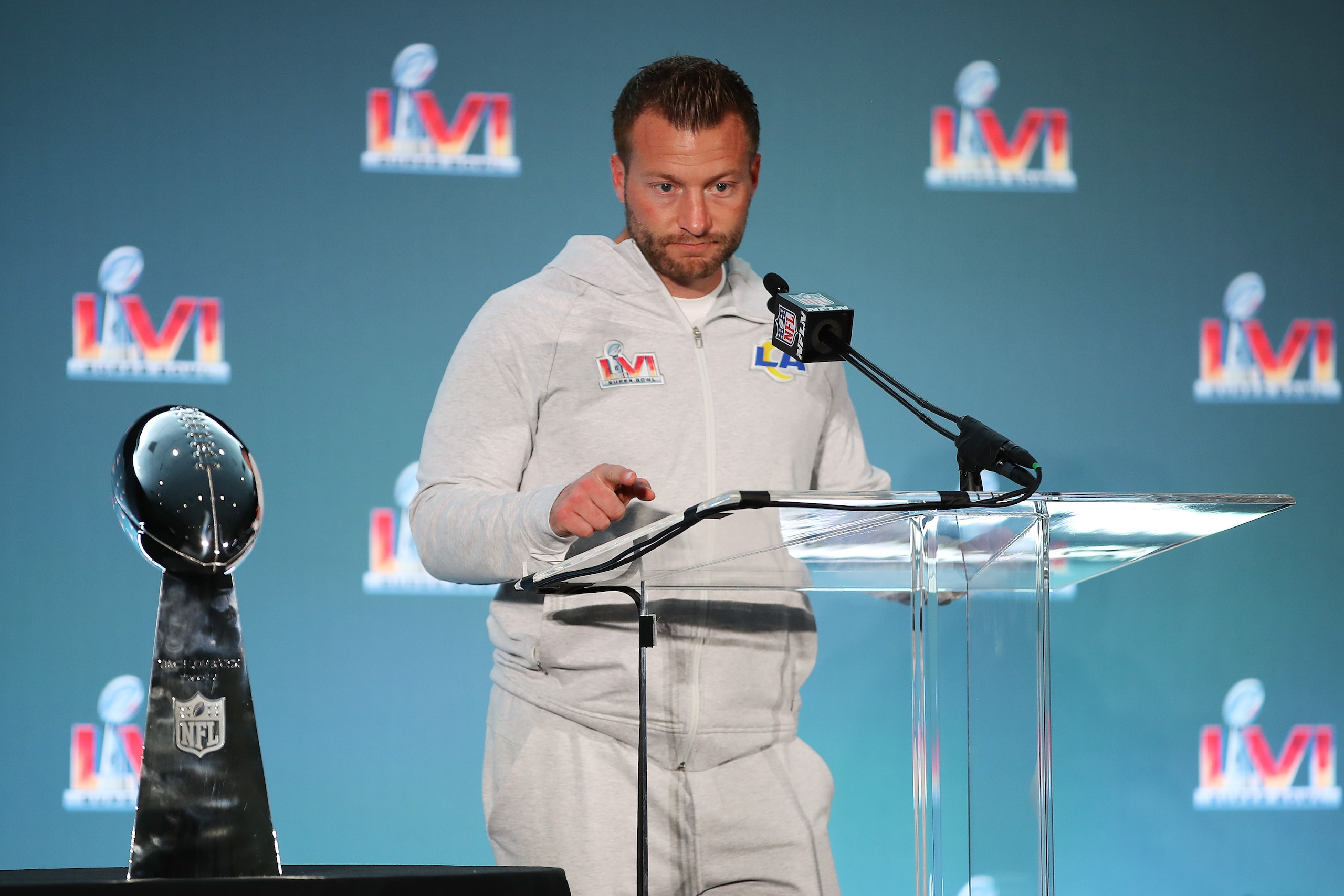 LOS ANGELES, CALIFORNIA - FEBRUARY 14: Head coach Sean McVay of the Los Angeles Rams speaks to the media during the Super Bowl LVI head coach and MVP press conference at Los Angeles Convention Center on February 14, 2022 in Los Angeles, California. (Photo by Katelyn Mulcahy/Getty Images)