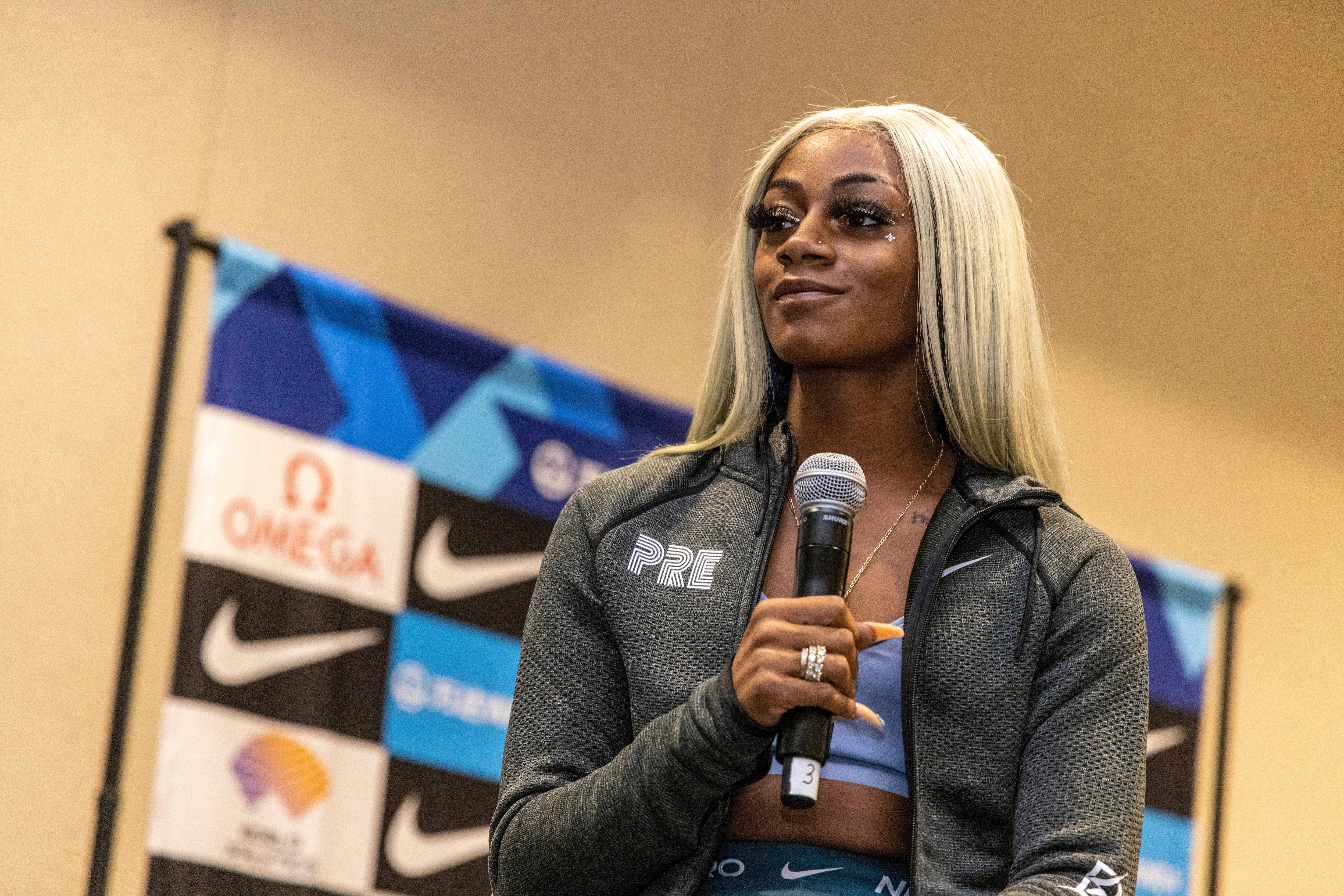 Sha'carri Richardson attends a news conference Friday, Aug. 20, 2021, a day before competing in the 100 meters at the Pre Classic track and field meet in Eugene, Ore. (AP Photo/Thomas Boyd)