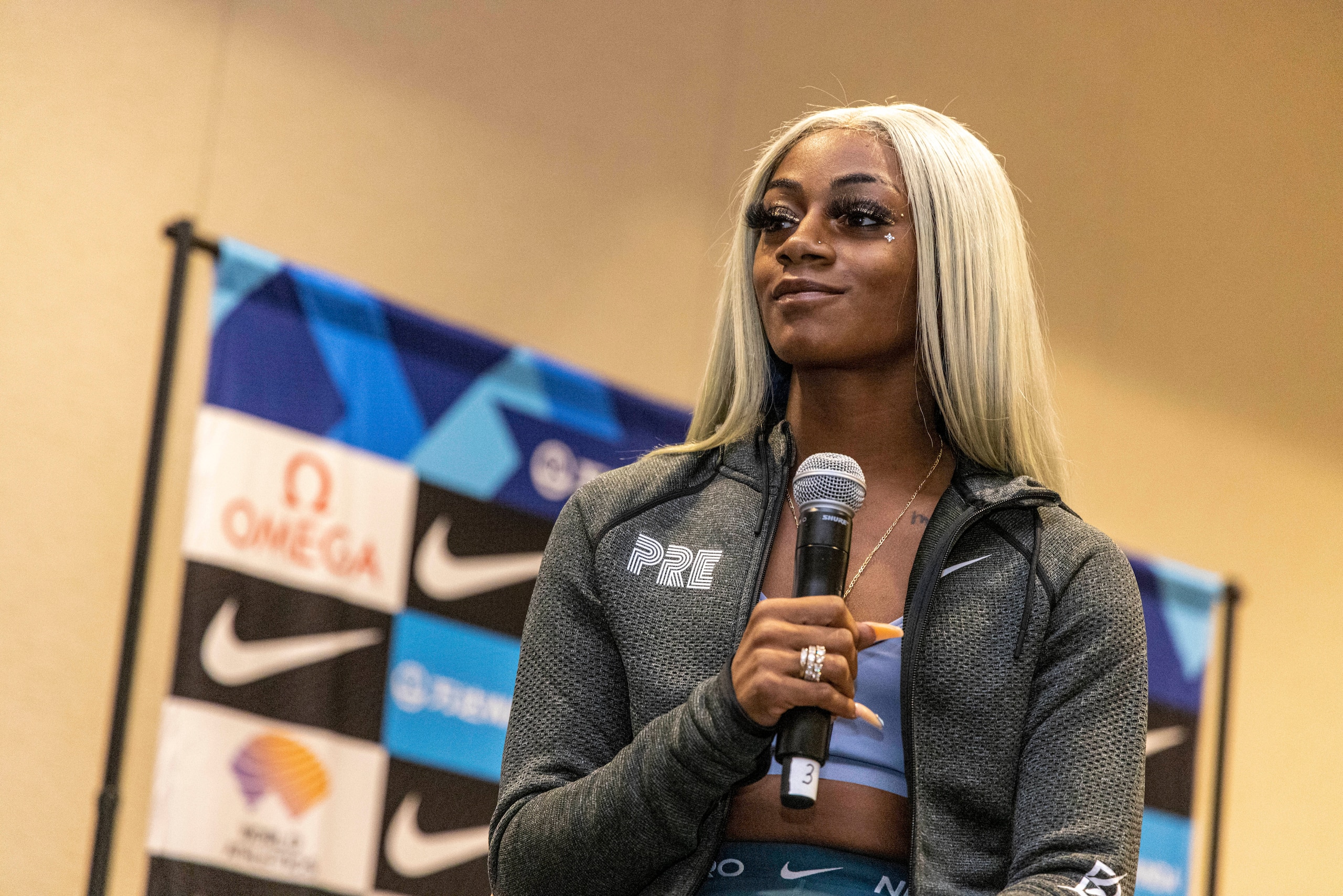 Sha'carri Richardson attends a news conference Friday, Aug. 20, 2021, a day before competing in the 100 meters at the Pre Classic track and field meet in Eugene, Ore. (AP Photo/Thomas Boyd)