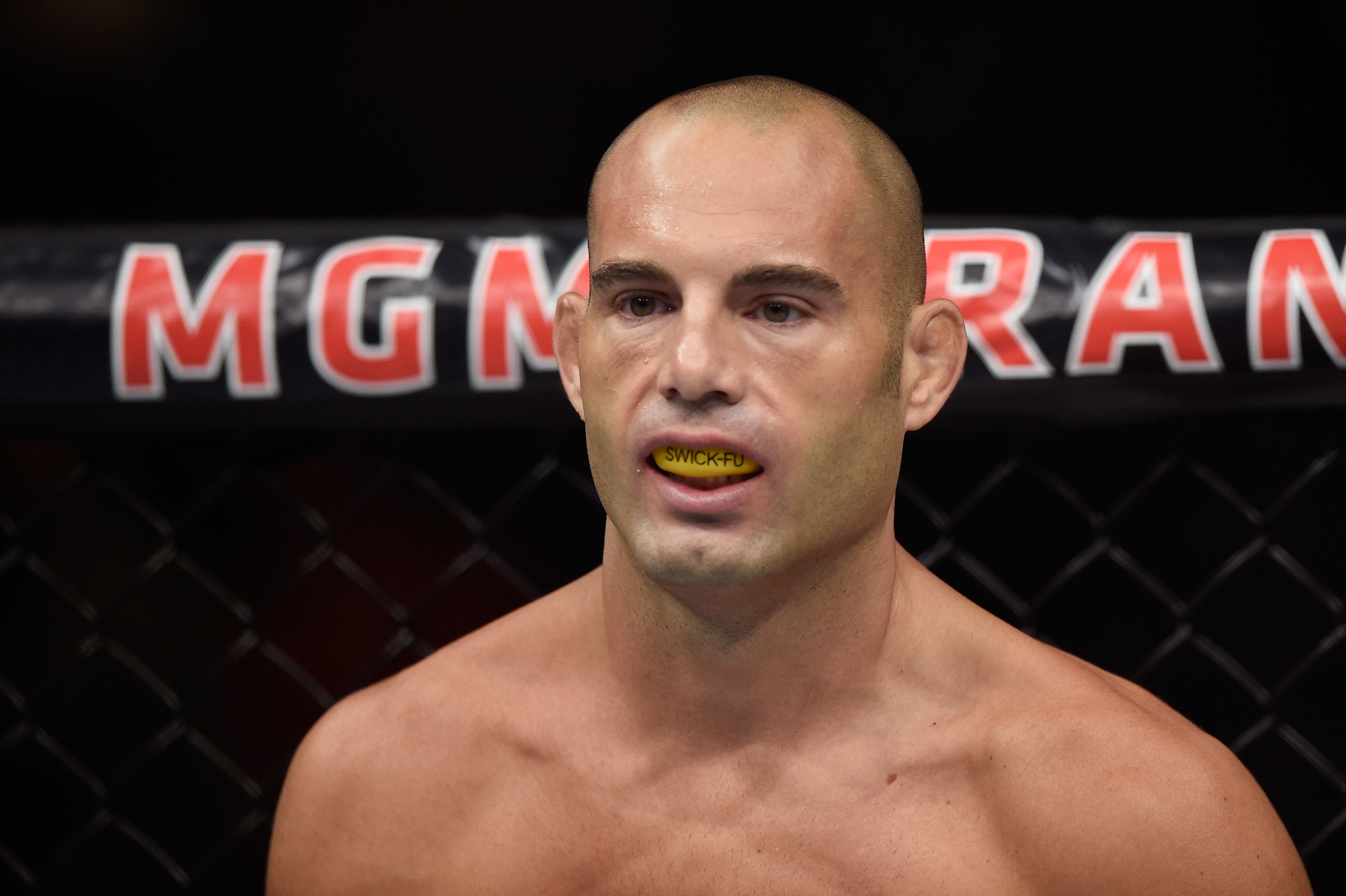 LAS VEGAS, NV - JULY 11:  Mike Swick prepares to face Alex Garcia in their welterweight fight during the UFC 189 event inside MGM Grand Garden Arena on July 11, 2015 in Las Vegas, Nevada.  (Photo by Josh Hedges/Zuffa LLC/Zuffa LLC via Getty Images)