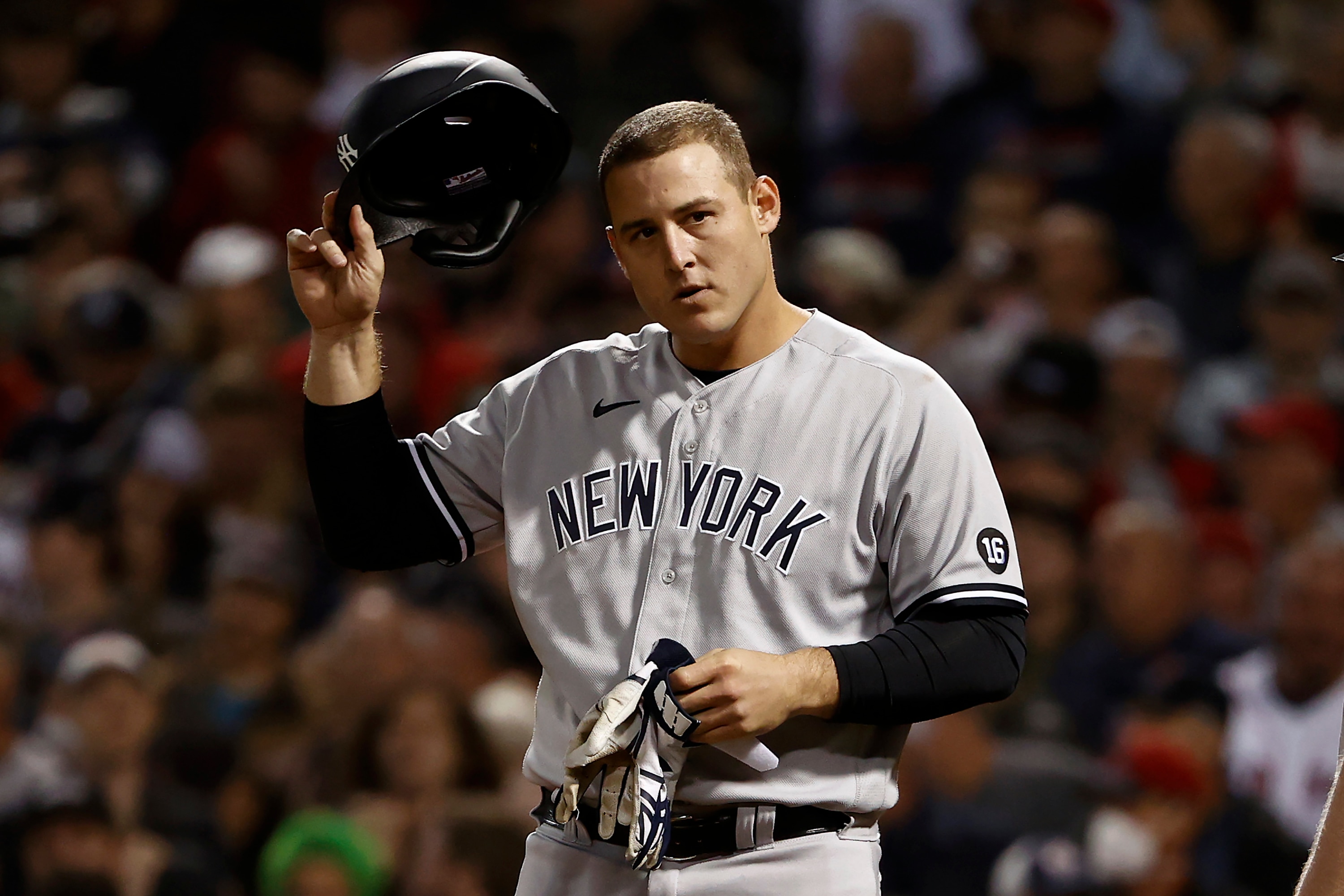 BOSTON, MA - OCTOBER 6: Anthony Rizzo #48 of the New York Yankees during the AL Wild Card playoff game against the Boston Red Sox at Fenway Park on October 6, 2021 in Boston, Massachusetts. (Photo By Winslow Townson/Getty Images)