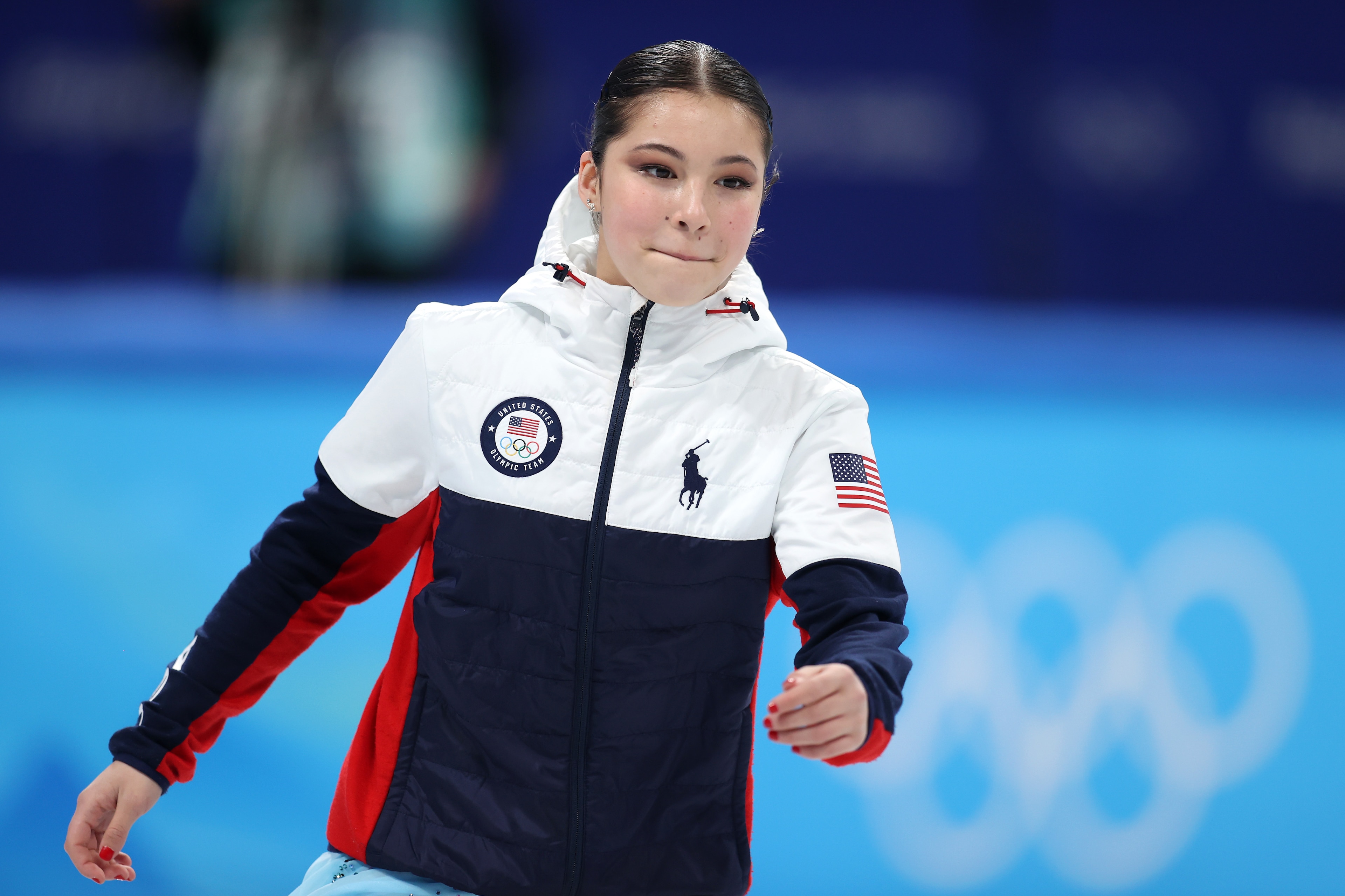 BEIJING, CHINA - FEBRUARY 17: Alysa Liu of Team United States warms up prior to the Women Single Skating Free Skating on day thirteen of the Beijing 2022 Winter Olympic Games at Capital Indoor Stadium on February 17, 2022 in Beijing, China. (Photo by Catherine Ivill/Getty Images)