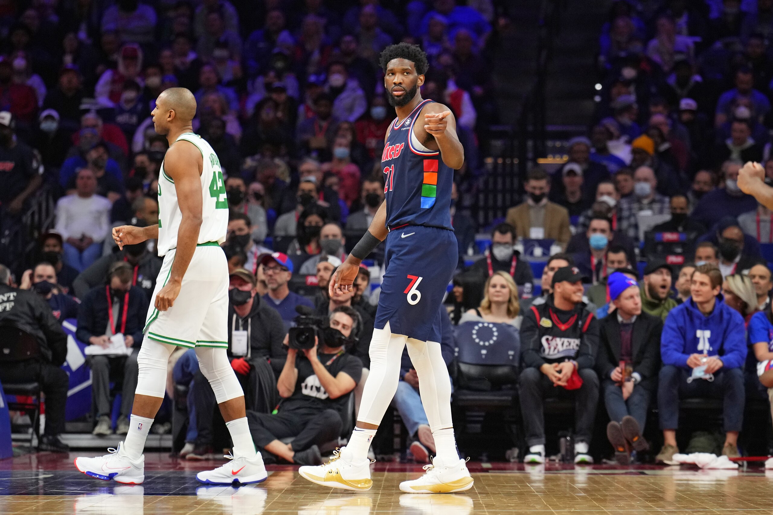 PHILADELPHIA, PA - FEBRUARY 15: Joel Embiid #21 of the Philadelphia 76ers reacts during a game against the Boston Celtics on February 15, 2022 at Wells Fargo Center in Philadelphia, Pennsylvania. NOTE TO USER: User expressly acknowledges and agrees that, by downloading and/or using this Photograph, user is consenting to the terms and conditions of the Getty Images License Agreement. Mandatory Copyright Notice: Copyright 2022 NBAE (Photo by Jesse D. Garrabrant/NBAE via Getty Images)