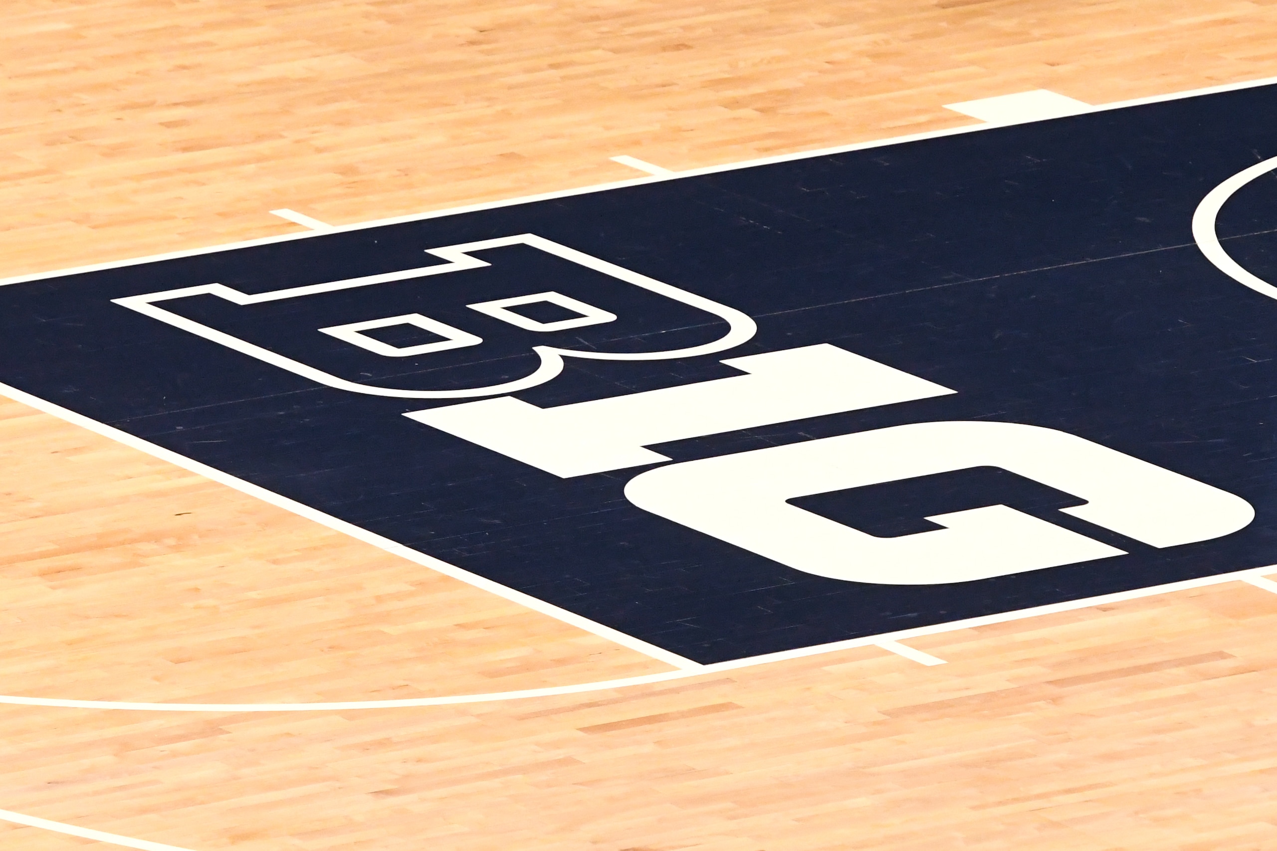 UNIVERSITY PARK, PENNSYLVANIA - JANUARY 08: The Big Ten logo on the floor before a college basketball game between the Penn State Nittany Lions and the Purdue Boilermakers on at Bryce Jordan Center on January 8, 2022 in University Park, Pennsylvania. (Photo by Mitchell Layton/Getty Images) UNIVERSITY PARK, PENNSYLVANIA - JANUARY 08: The Big Ten logo on the floor before a college basketball game between the Penn State Nittany Lions and the Purdue Boilermakers on at Bryce Jordan Center on January 8, 2022 in University Park, Pennsylvania. (Photo by Mitchell Layton/Getty Images)