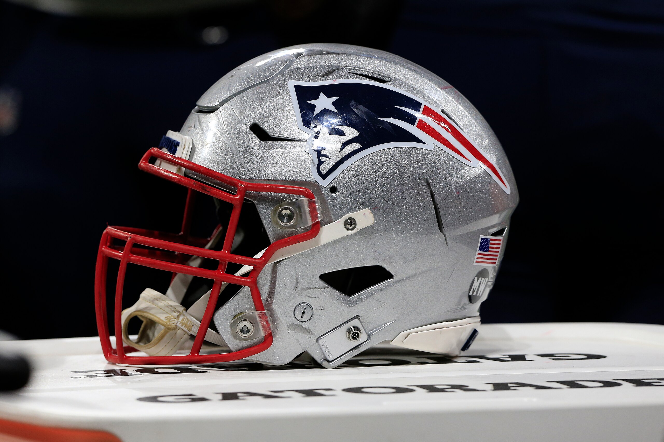 ATLANTA, GA - NOVEMBER 18: A New England Patriots helmet in the bench area during the Thursday night NFL game between the Atlanta Falcons and the New England Patriots on November 18, 2021 at the Mercedes-Benz Stadium in Atlanta, Georgia.  (Photo by David J. Griffin/Icon Sportswire via Getty Images)