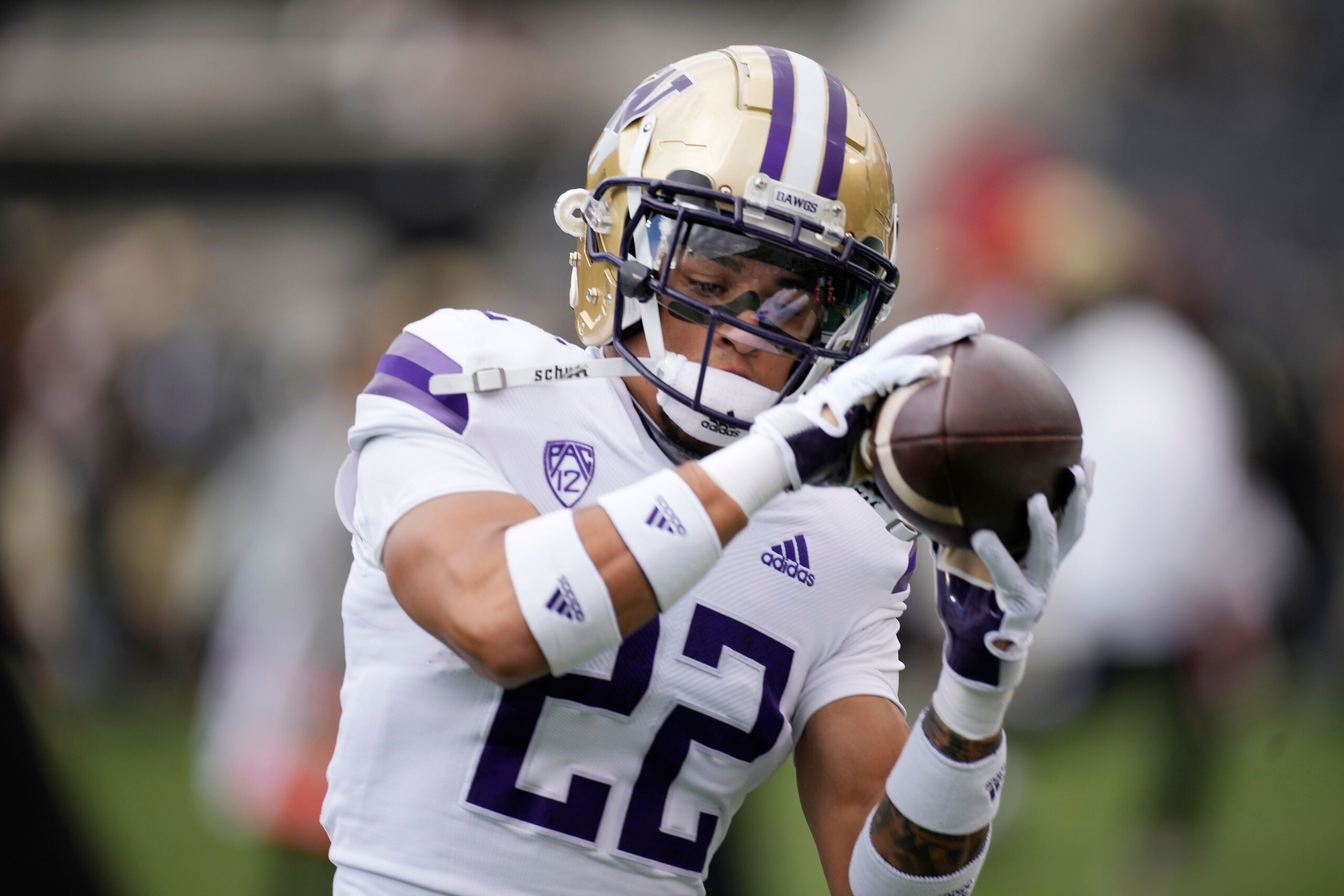 Washington defensive back Trent McDuffie (22) in the first half of an NCAA college football game Saturday, Nov. 20, 2021, in Boulder, Colo. (AP Photo/David Zalubowski)
