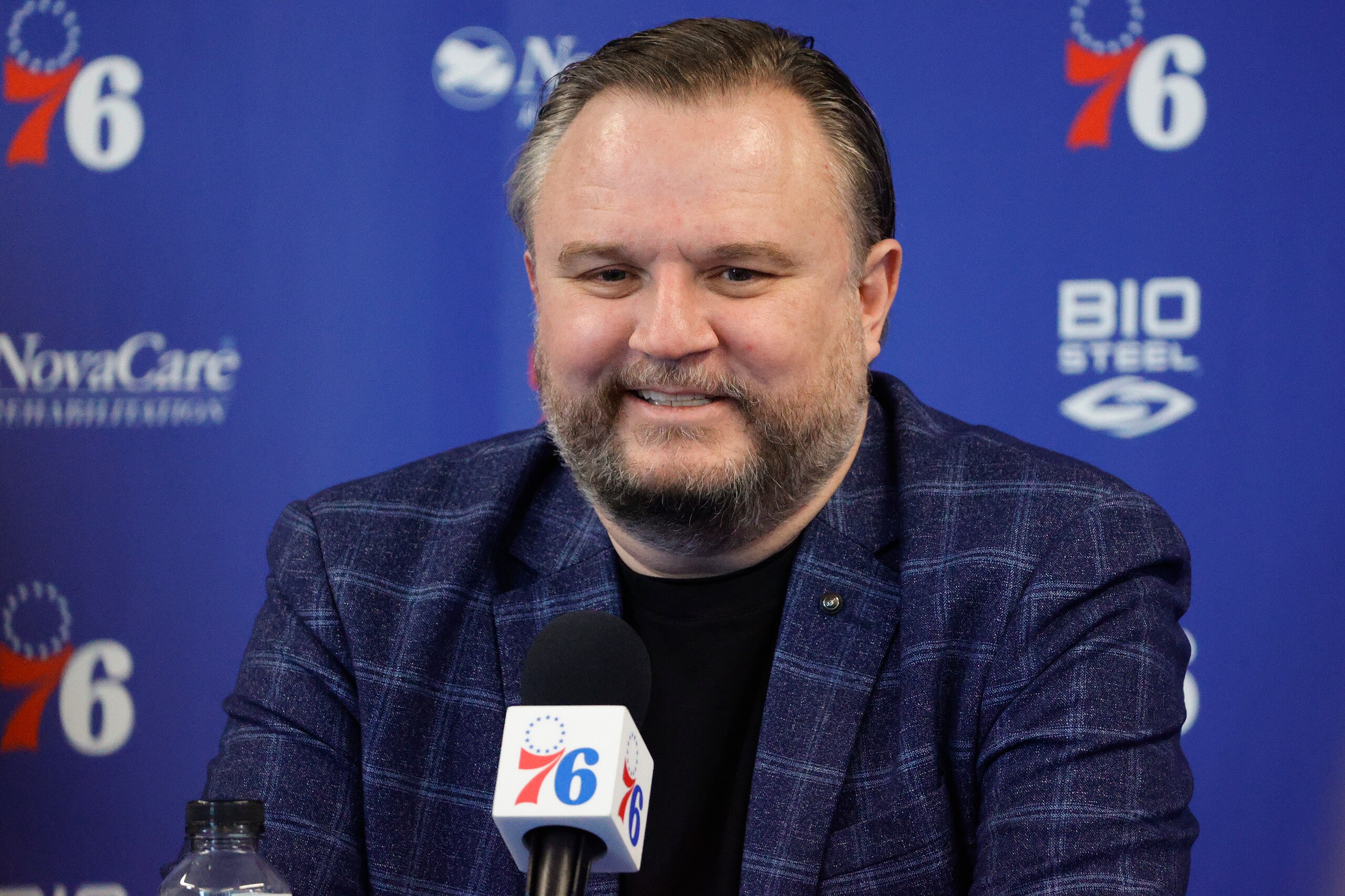CAMDEN, NEW JERSEY - FEBRUARY 15: President of basketball operations Daryl Morey looks on during a press conference at the Seventy Sixers Practice Facility on February 15, 2022 in Camden, New Jersey. (Photo by Tim Nwachukwu/Getty Images) NOTE TO USER: User expressly acknowledges and agrees that, by downloading and or using this photograph, User is consenting to the terms and conditions of the Getty Images License Agreement.