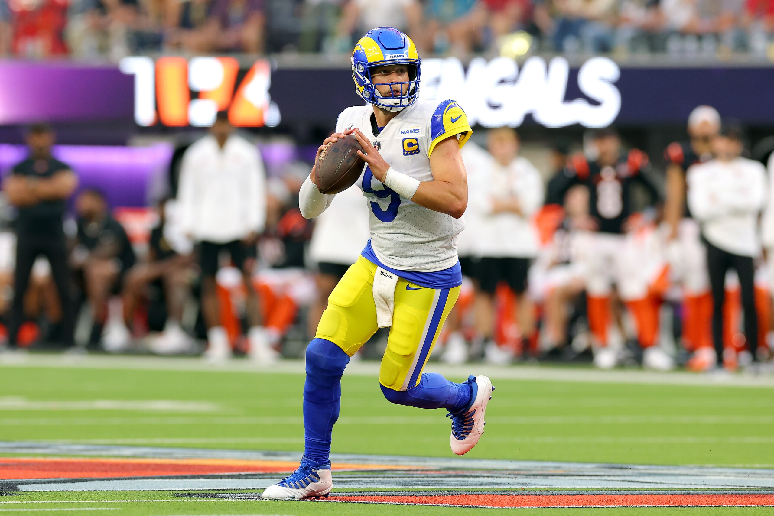 INGLEWOOD, CALIFORNIA - FEBRUARY 13: Matthew Stafford #9 of the Los Angeles Rams looks to pass during the first half of Super Bowl LVI against the Cincinnati Bengals at SoFi Stadium on February 13, 2022 in Inglewood, California. (Photo by Kevin C. Cox/Getty Images)