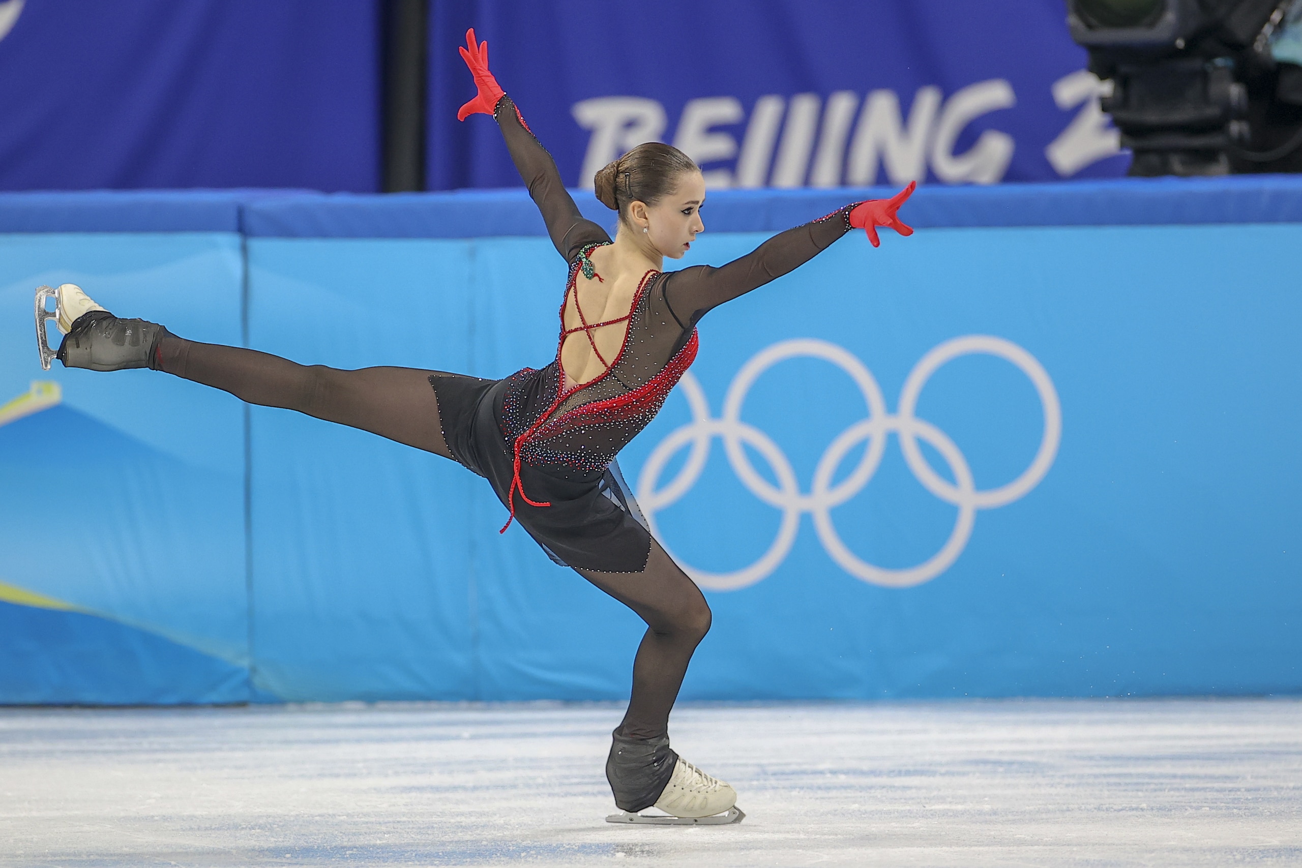BEIJING, CHINA - FEBRUARY 17: Kamila Valieva of ROC performs during the Women Single Skating Free Skating on day thirteen of the Beijing 2022 Winter Olympic Games at Capital Indoor Stadium on February 17, 2022 in Beijing, China. (Photo by Nikolay Muratkin/Anadolu Agency via Getty Images)