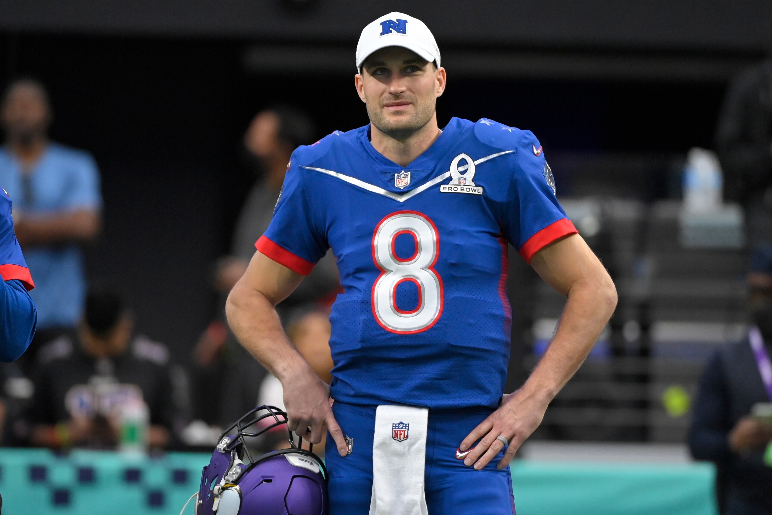 NFC quarterback Kirk Cousins, of the Minnesota Vikings, stands on the field during introductions before the Pro Bowl NFL football game against the AFC, Sunday, Feb. 6, 2022, in Las Vegas. (AP Photo/David Becker)