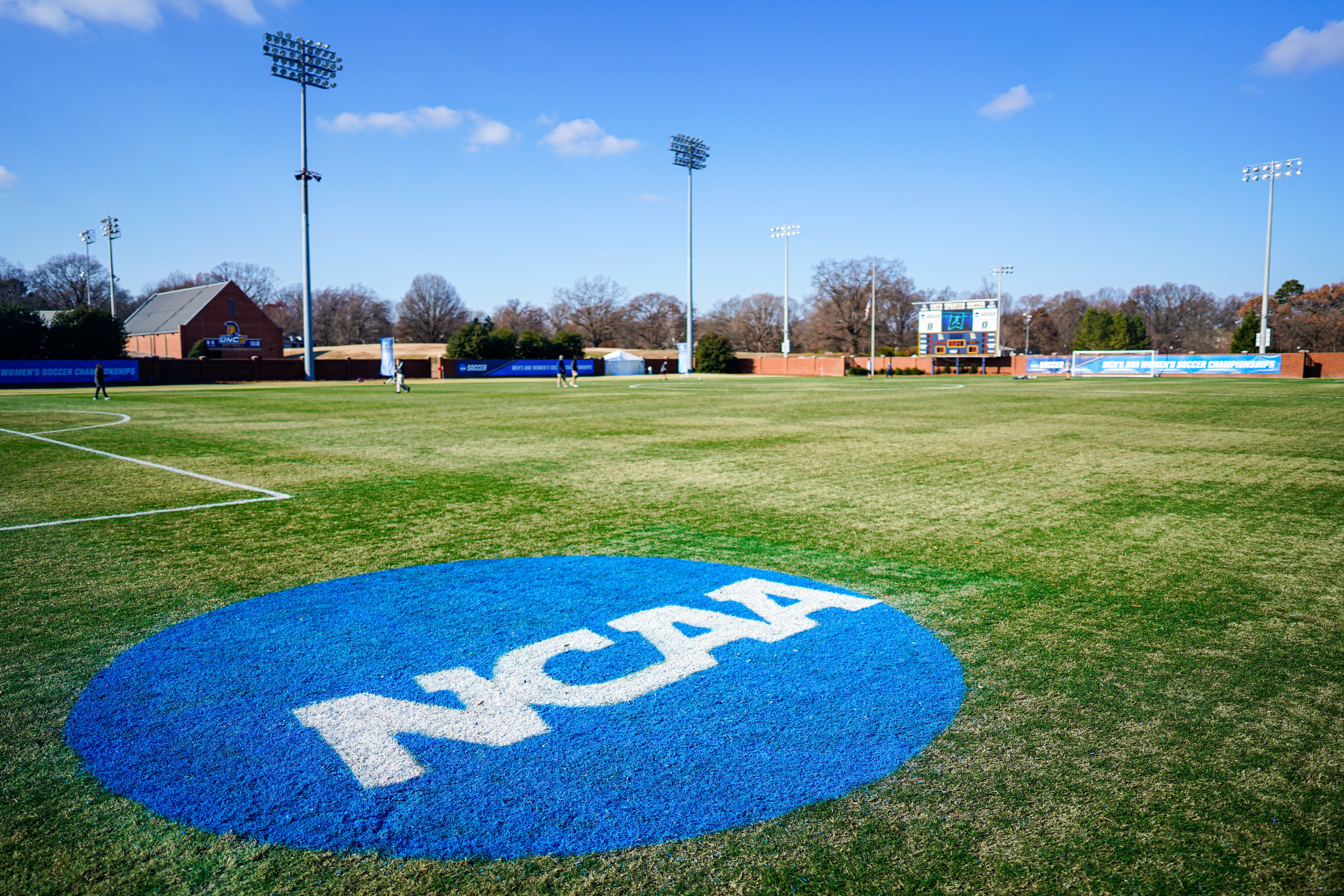 GREENSBORO, NC - DECEMBER 07: The NCAA logo on the field during the Division III Women's Soccer Championship held at UNCG Soccer Stadium on December 7, 2019 in Greensboro, North Carolina. The Messiah College Falcons defeated the William Smith Herons 1-0. (Photo by Jacob Kupferman/NCAA Photos via Getty Images)
