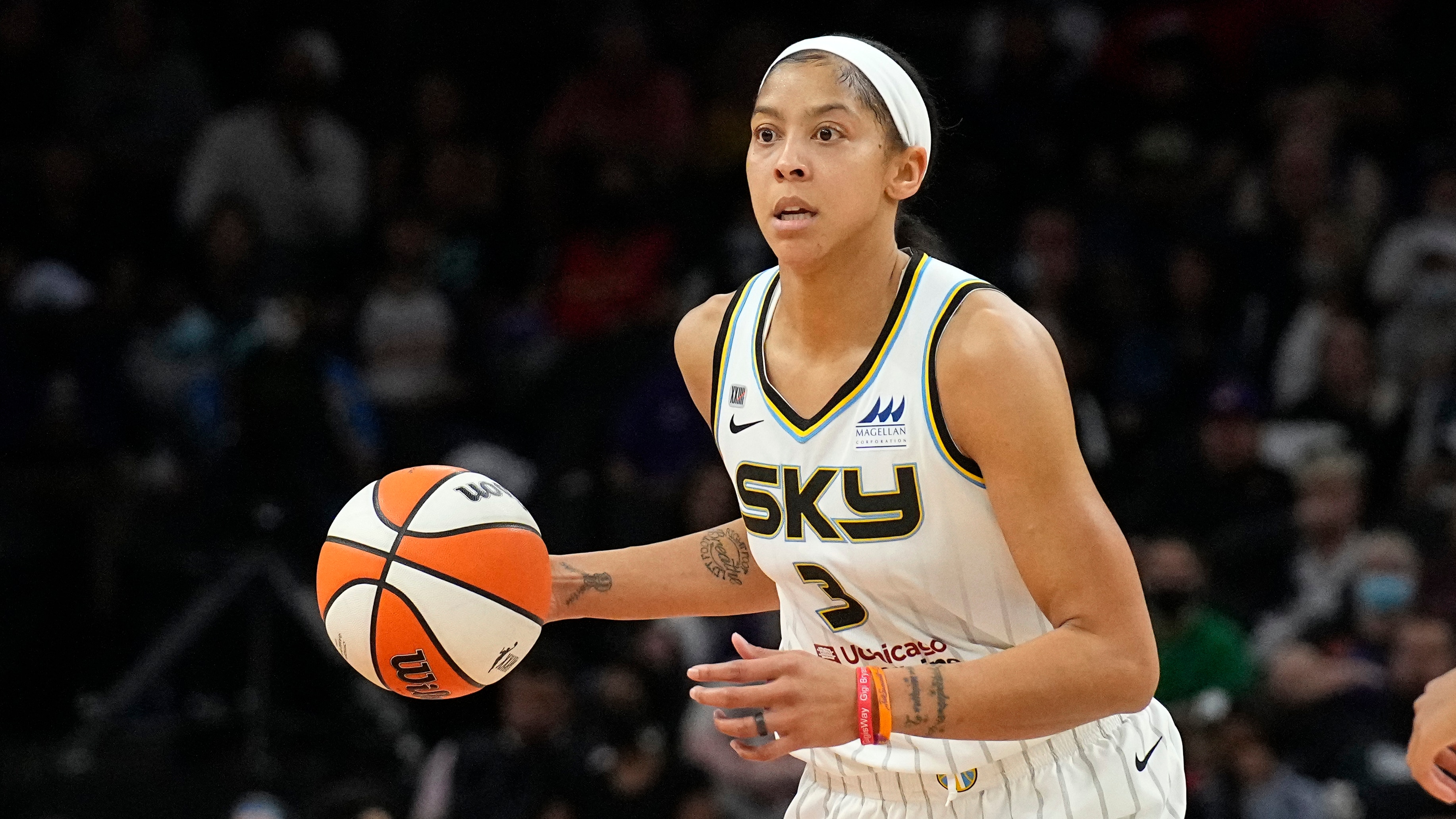 Chicago Sky center Candace Parker (3) during the first half of Game 2 of basketball's WNBA Finals against the Phoenix Mercury, Wednesday, Oct. 13, 2021, in Phoenix. (AP Photo/Rick Scuteri)