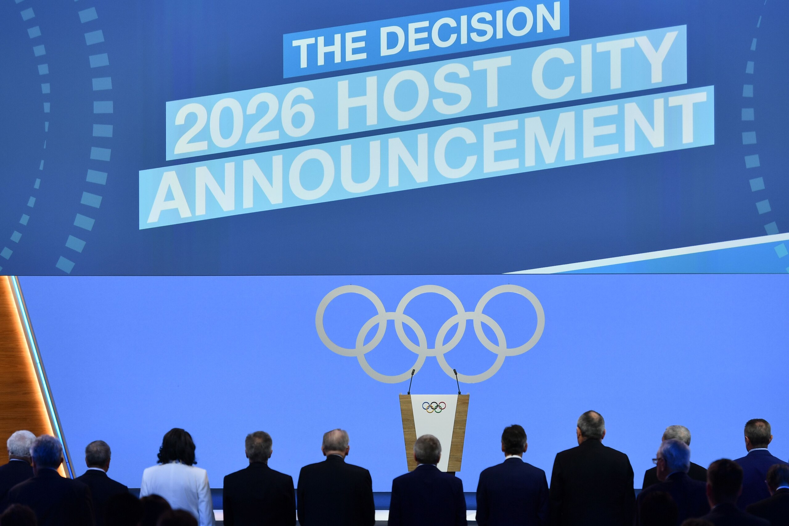 General view of the members of the delegation from Stockholm/Are and from Milan/Cortina d'Ampezzo prior to the announcement of the winning name of the 2026 Winter Olympics during the 134th session of the International Olympic Committee (IOC), in Lausanne on June 24, 2019. (Photo by Fabrice COFFRINI / AFP)        (Photo credit should read FABRICE COFFRINI/AFP via Getty Images)