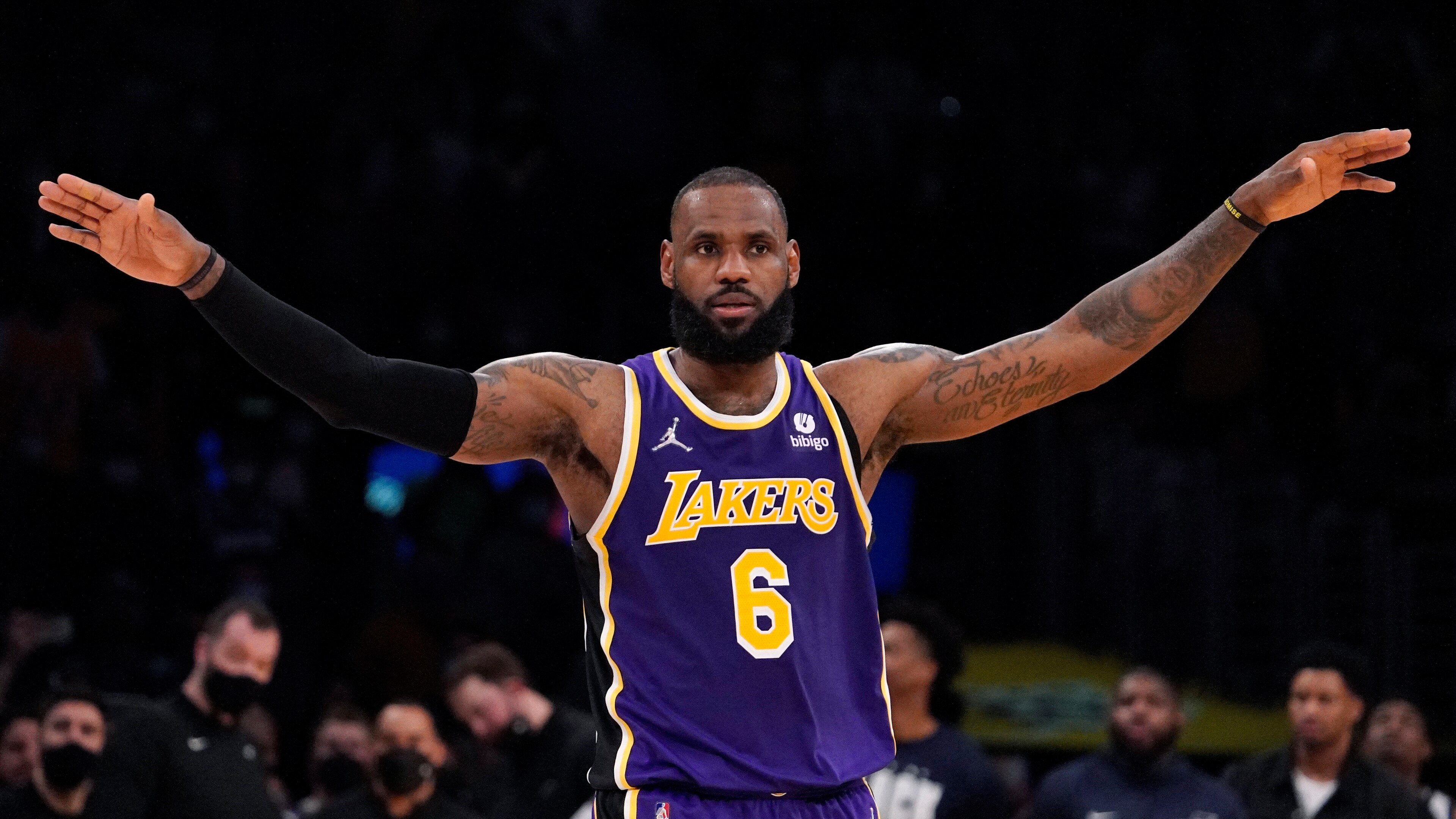 Los Angeles Lakers forward LeBron James gestures during the second half of an NBA basketball game against the Utah Jazz Wednesday, Feb. 16, 2022, in Los Angeles. The Lakers won 106-101. (AP Photo/Mark J. Terrill)