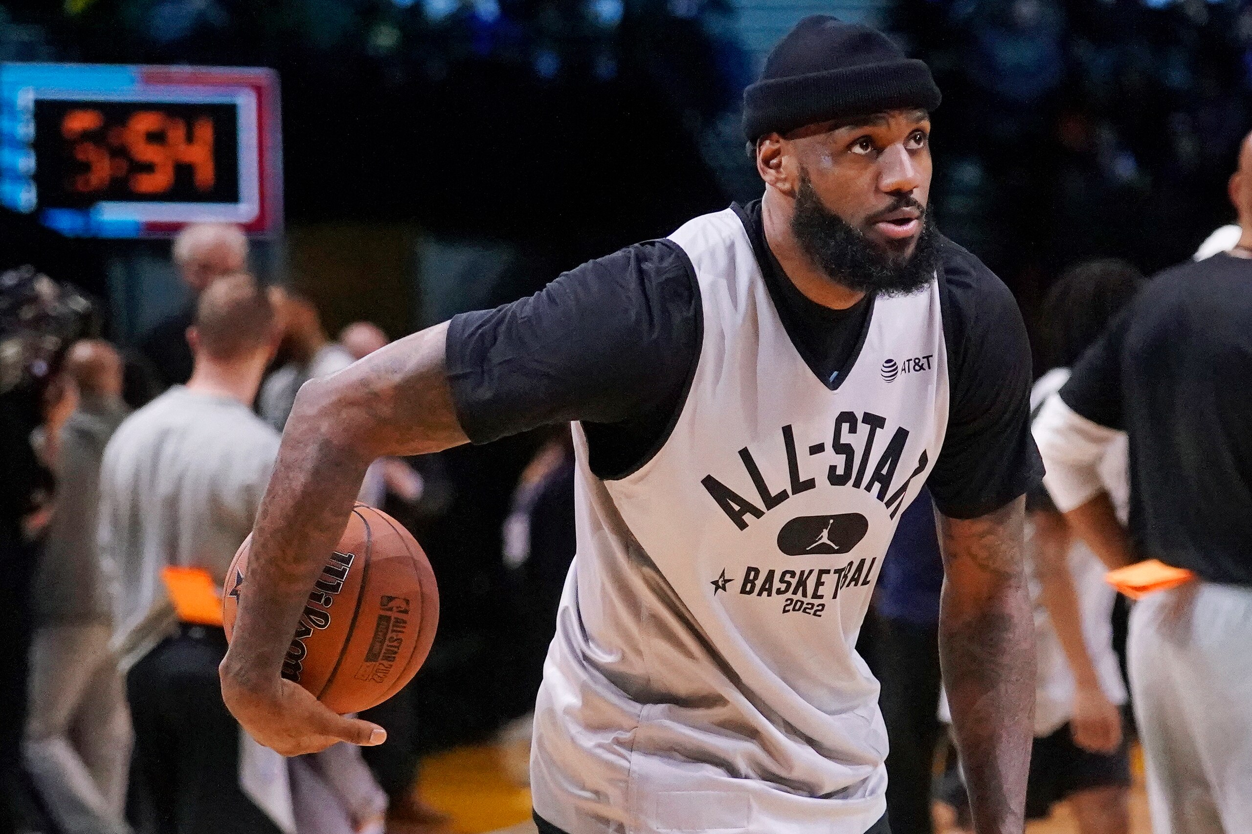 Los Angeles Lakers forward LeBron James prepares to shoot during a practice session for the NBA All-Star basketball game in Cleveland, Saturday, Feb. 19, 2022. (AP Photo/Charles Krupa)