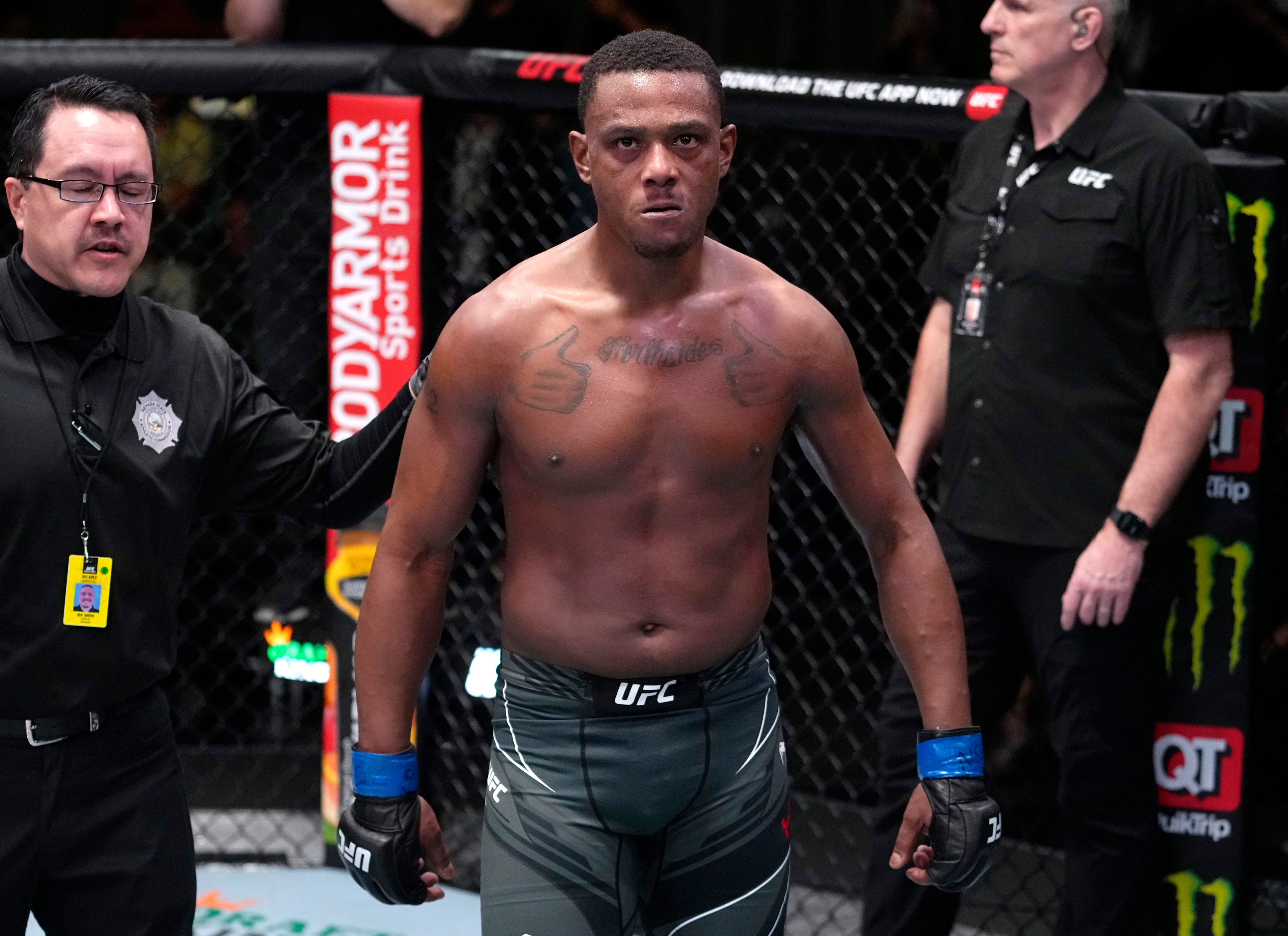 LAS VEGAS, NEVADA - FEBRUARY 19: Jamahal Hill reacts after his knockout victory over Johnny Walker of Brazil in their light heavyweight fight during the UFC Fight Night event at UFC APEX on February 19, 2022 in Las Vegas, Nevada. (Photo by Jeff Bottari/Zuffa LLC)