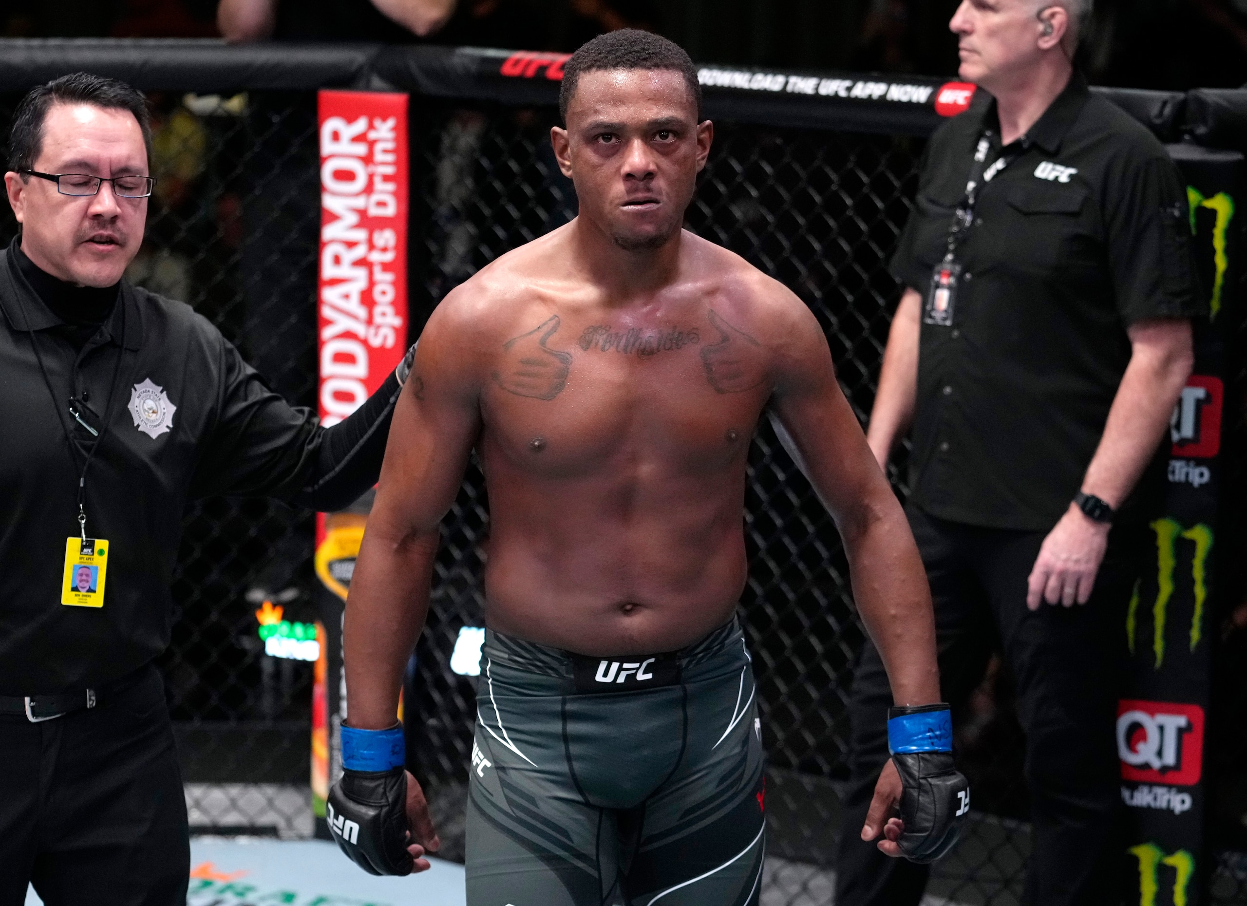 LAS VEGAS, NEVADA - FEBRUARY 19: Jamahal Hill reacts after his knockout victory over Johnny Walker of Brazil in their light heavyweight fight during the UFC Fight Night event at UFC APEX on February 19, 2022 in Las Vegas, Nevada. (Photo by Jeff Bottari/Zuffa LLC)
