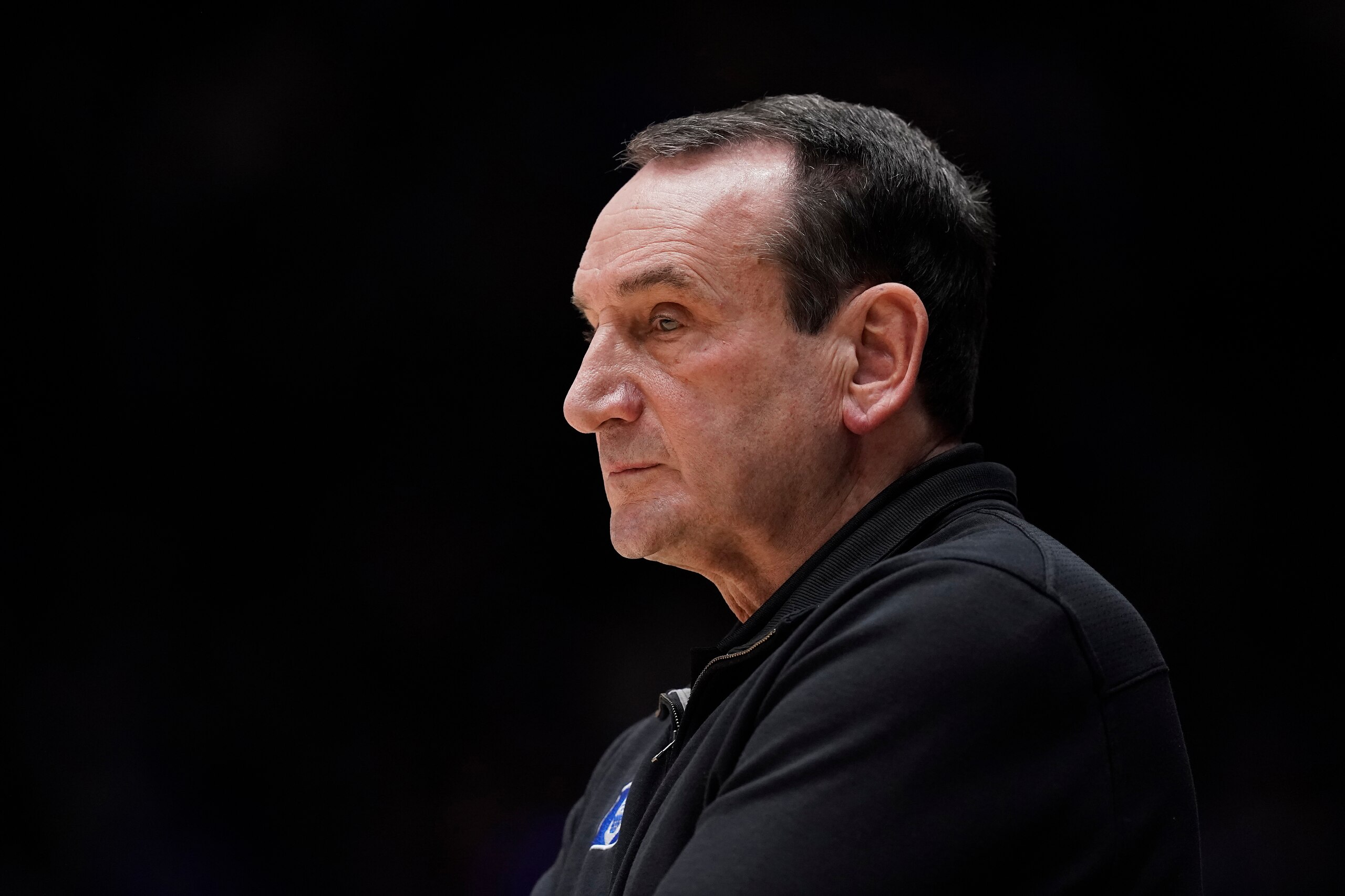 Duke head coach Mike Krzyzewski looks on during the first half of an NCAA college basketball game against Florida State in Durham, N.C., Saturday, Feb. 19, 2022. (AP Photo/Gerry Broome)