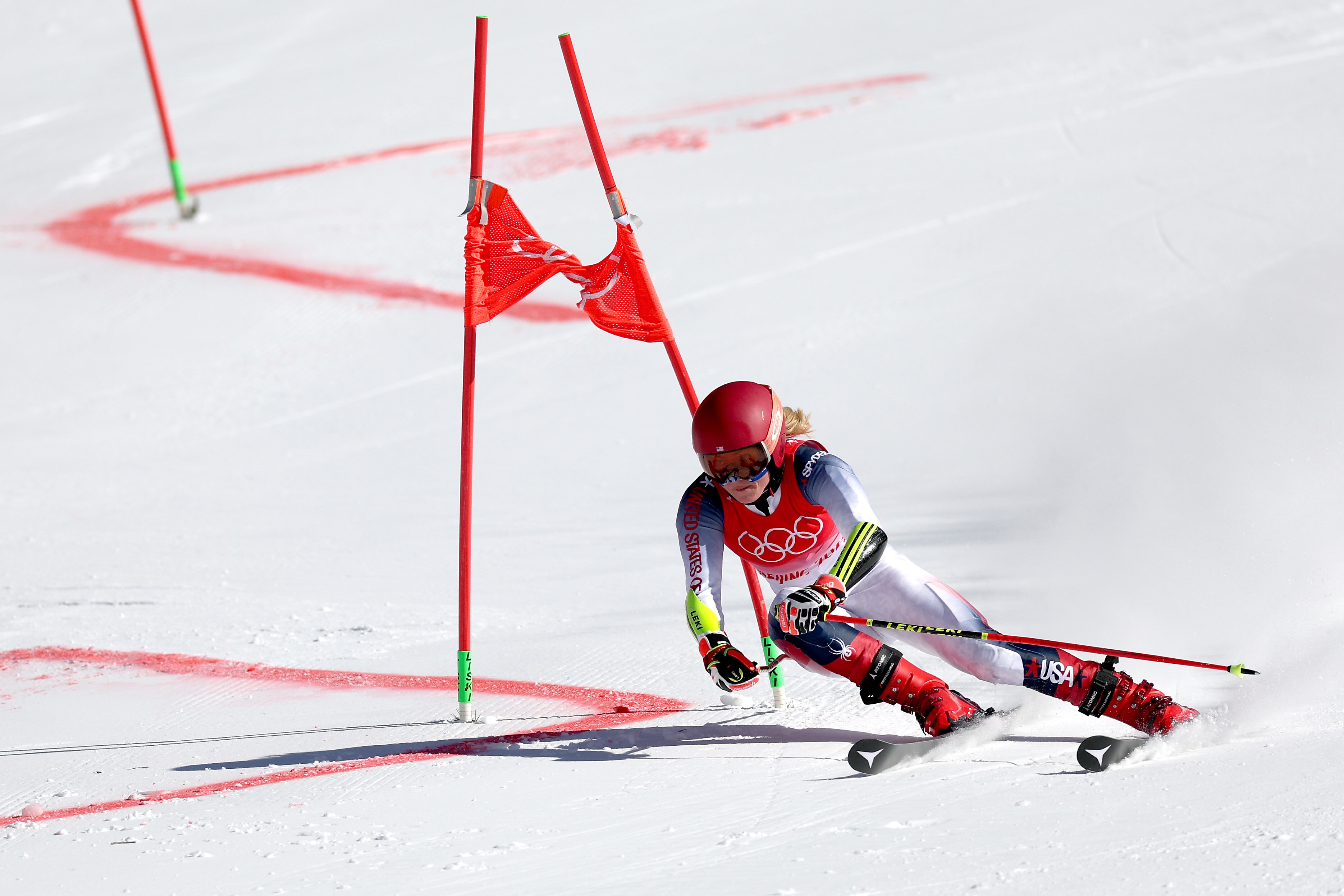 YANQING, CHINA - FEBRUARY 20: Mikaela Shiffrin of Team United States skis during the Mixed Team Parallel 1/2 Finals on day 16 of the Beijing 2022 Winter Olympic Games at National Alpine Ski Centre on February 20, 2022 in Yanqing, China. (Photo by Tom Pennington/Getty Images)