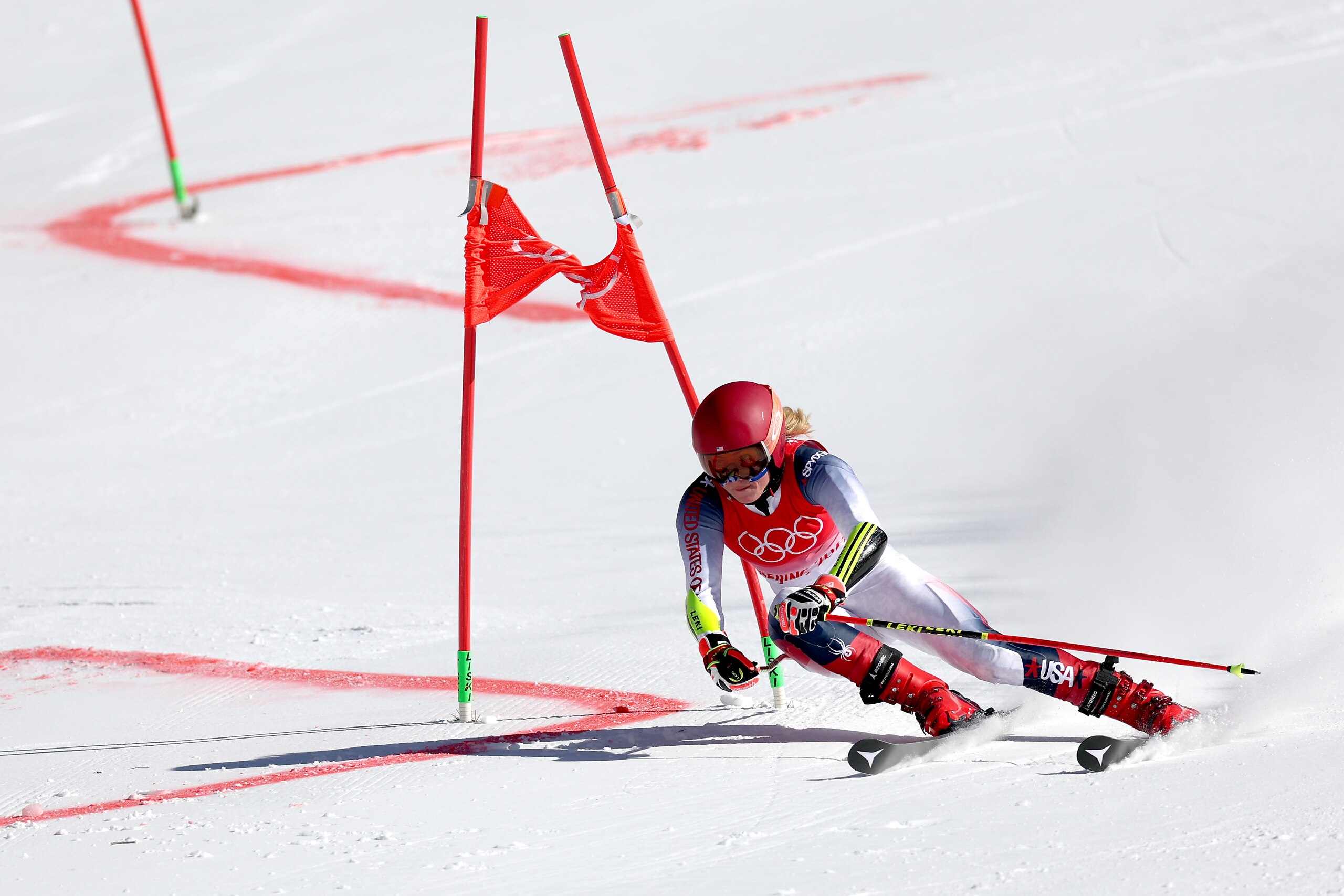 YANQING, CHINA - FEBRUARY 20: Mikaela Shiffrin of Team United States skis during the Mixed Team Parallel 1/2 Finals on day 16 of the Beijing 2022 Winter Olympic Games at National Alpine Ski Centre on February 20, 2022 in Yanqing, China. (Photo by Tom Pennington/Getty Images)