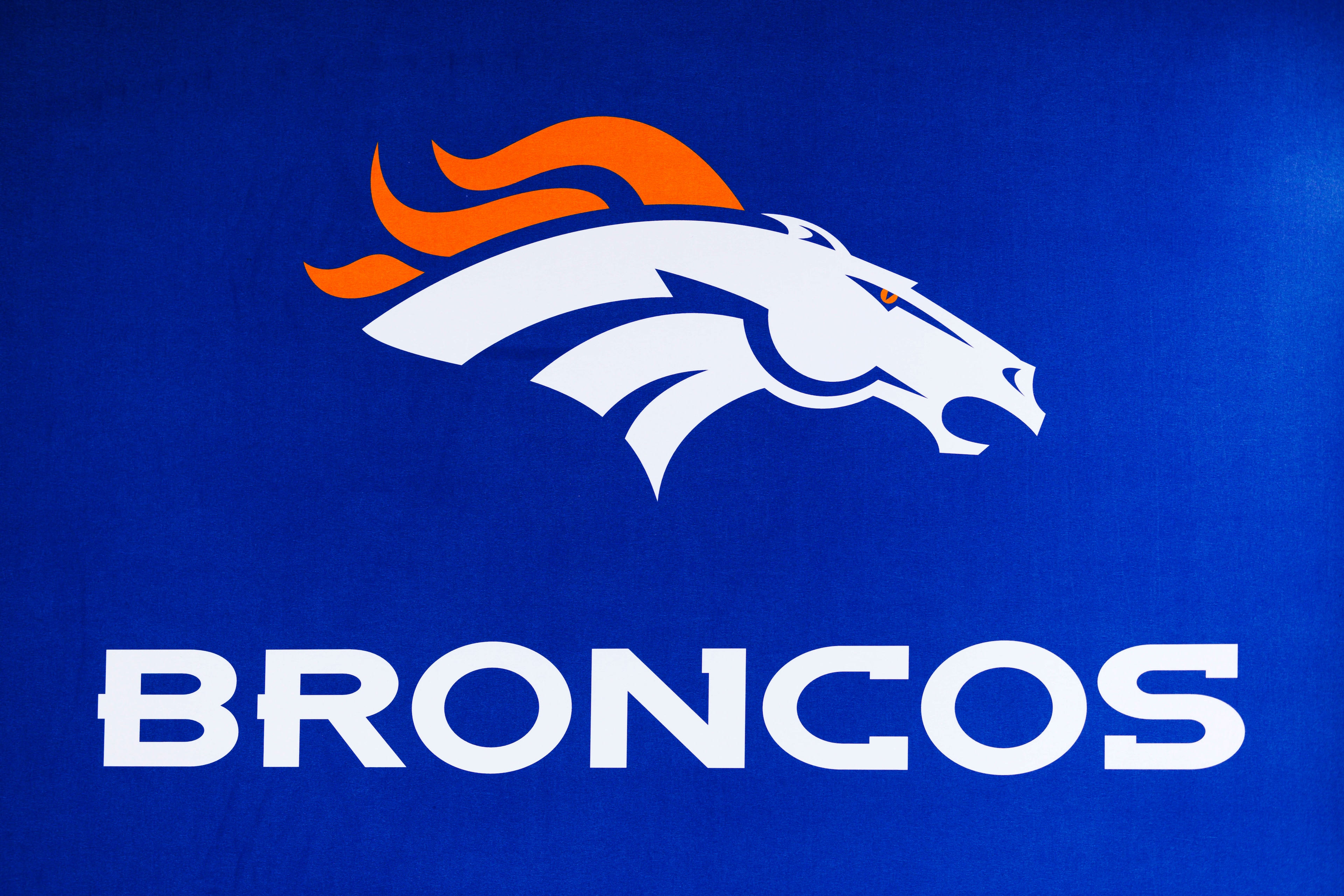 LOS ANGELES, CA - FEBRUARY 08: Detail view of the Denver Broncos logo seen at the Super Bowl Experience on February 08, 2022, at the Los Angeles Convention Center in Los Angeles, CA. (Photo by Ric Tapia/Icon Sportswire via Getty Images)