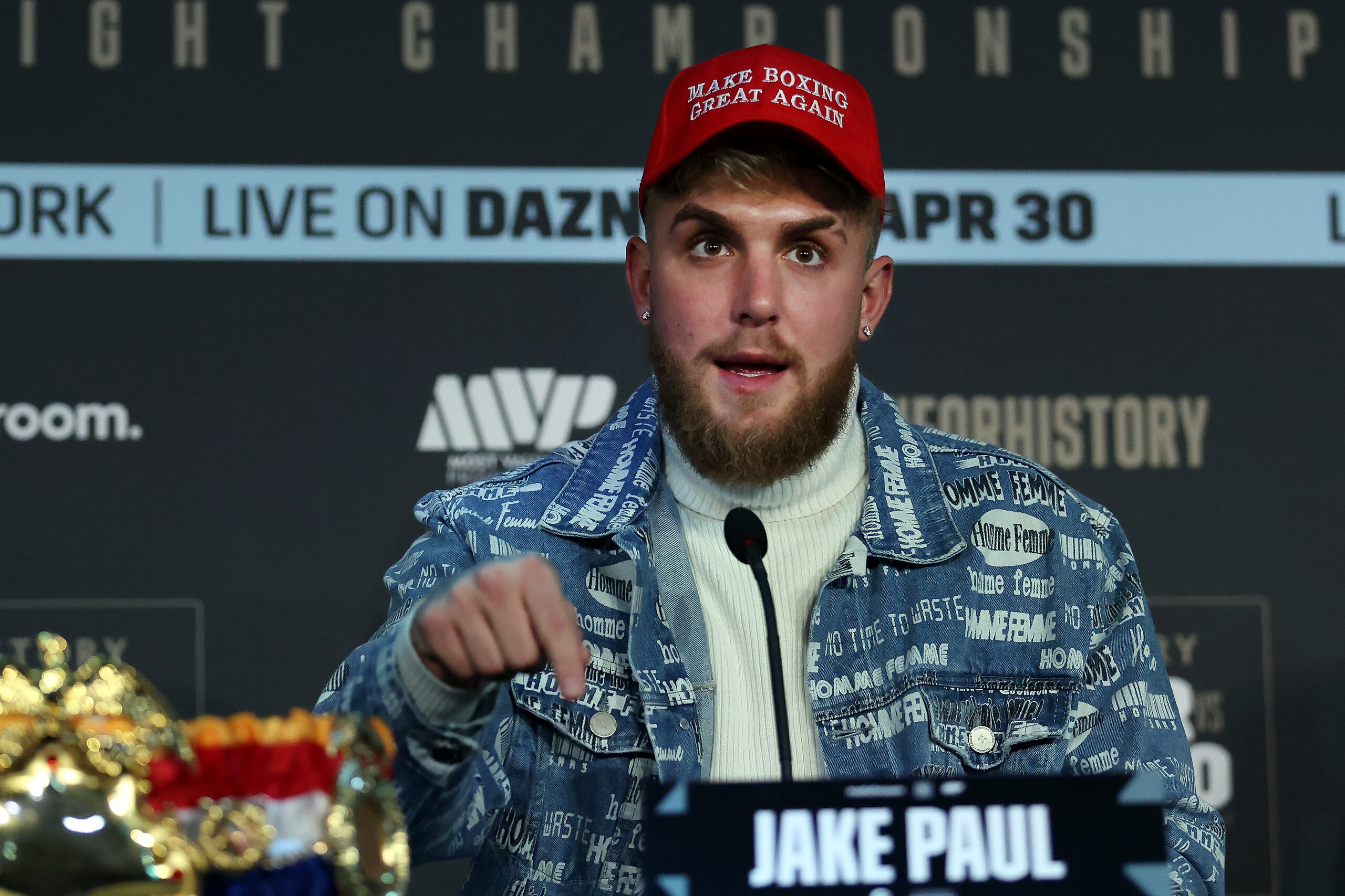 LONDON, ENGLAND - FEBRUARY 07: Jake Paul talks to the media ahead of the fight between Katie Taylor and Amanda Serrano at The Leadenhall Building on February 07, 2022 in London, England. (Photo by Warren Little/Getty Images)