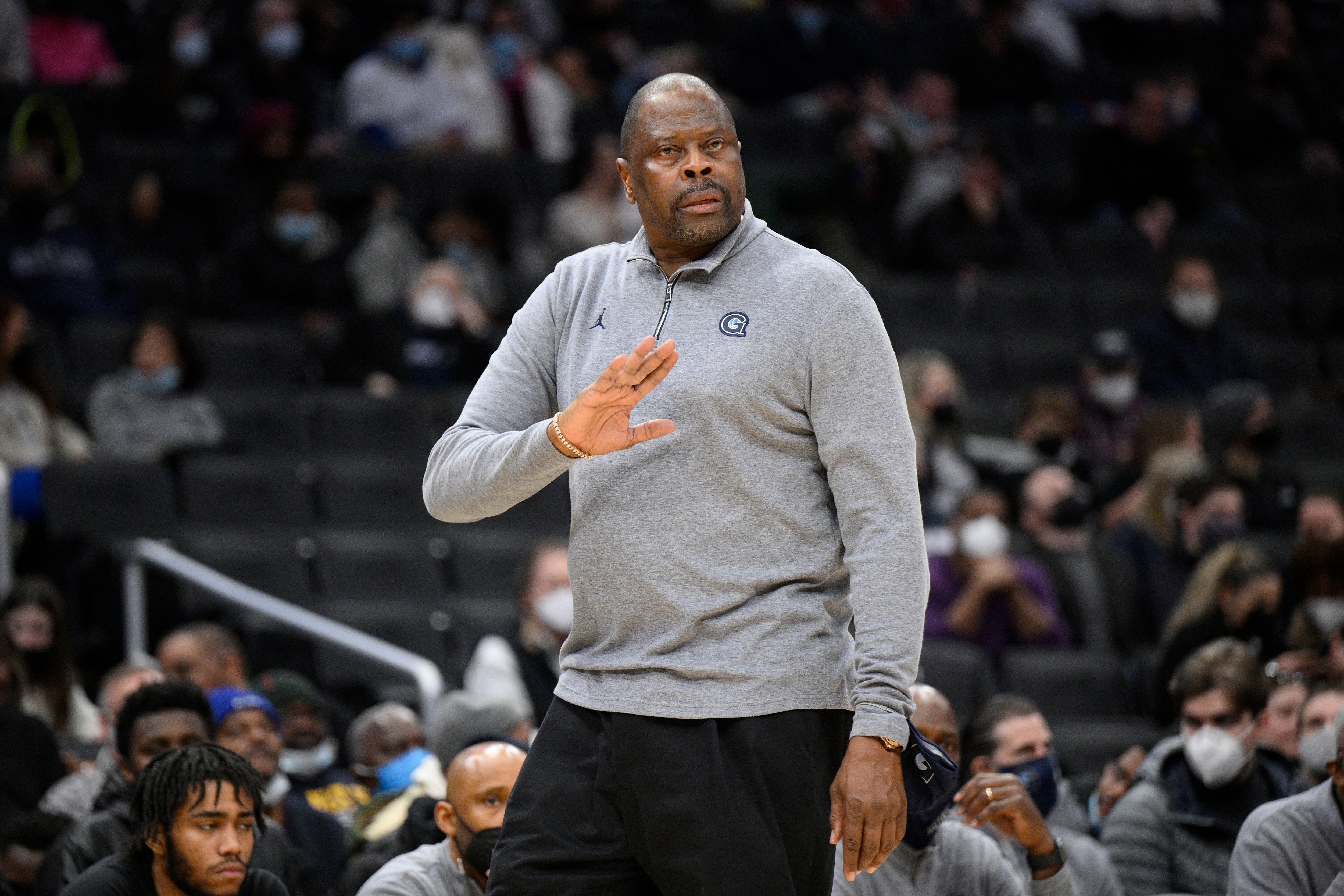 Georgetown head coach Patrick Ewing gestures during the second half of an NCAA college basketball game against Providence, Sunday, Feb. 6, 2022, in Washington. Providence won 71-52. (AP Photo/Nick Wass)