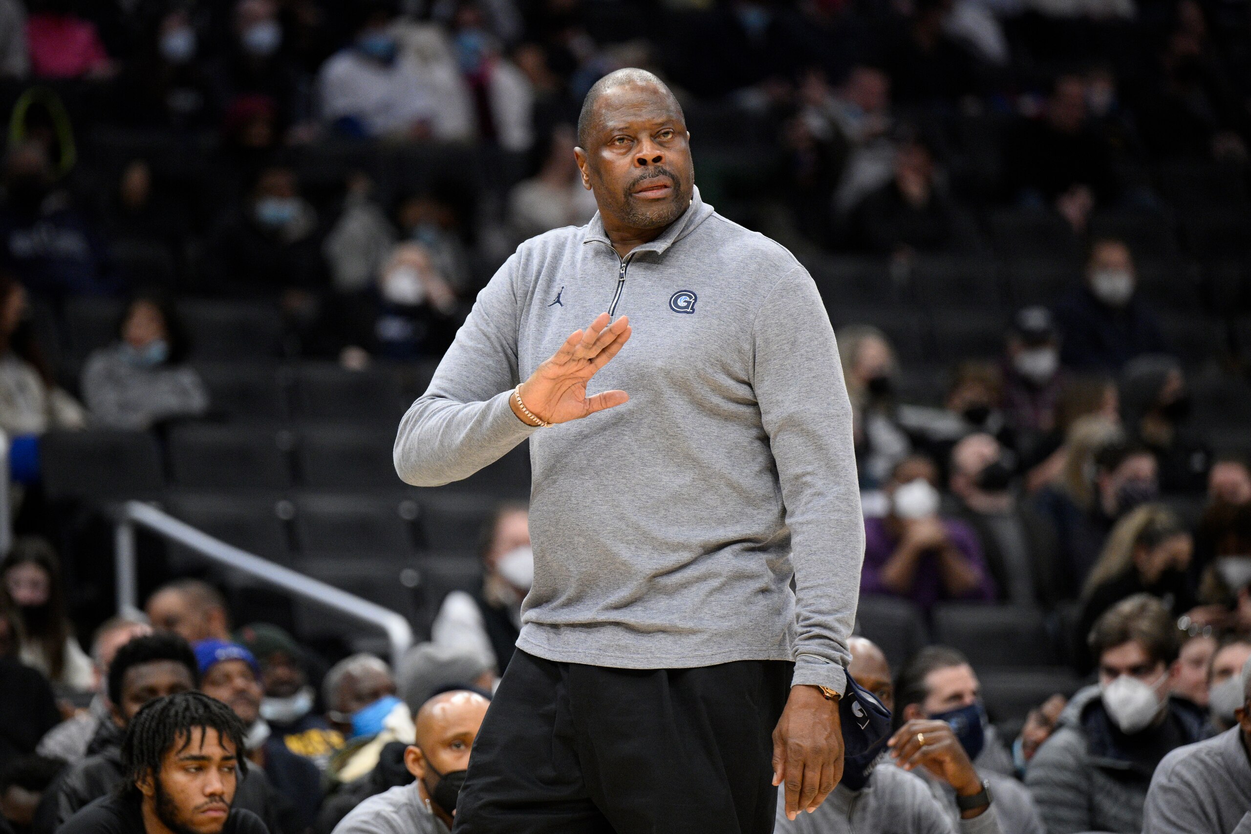 Georgetown head coach Patrick Ewing gestures during the second half of an NCAA college basketball game against Providence, Sunday, Feb. 6, 2022, in Washington. Providence won 71-52. (AP Photo/Nick Wass)