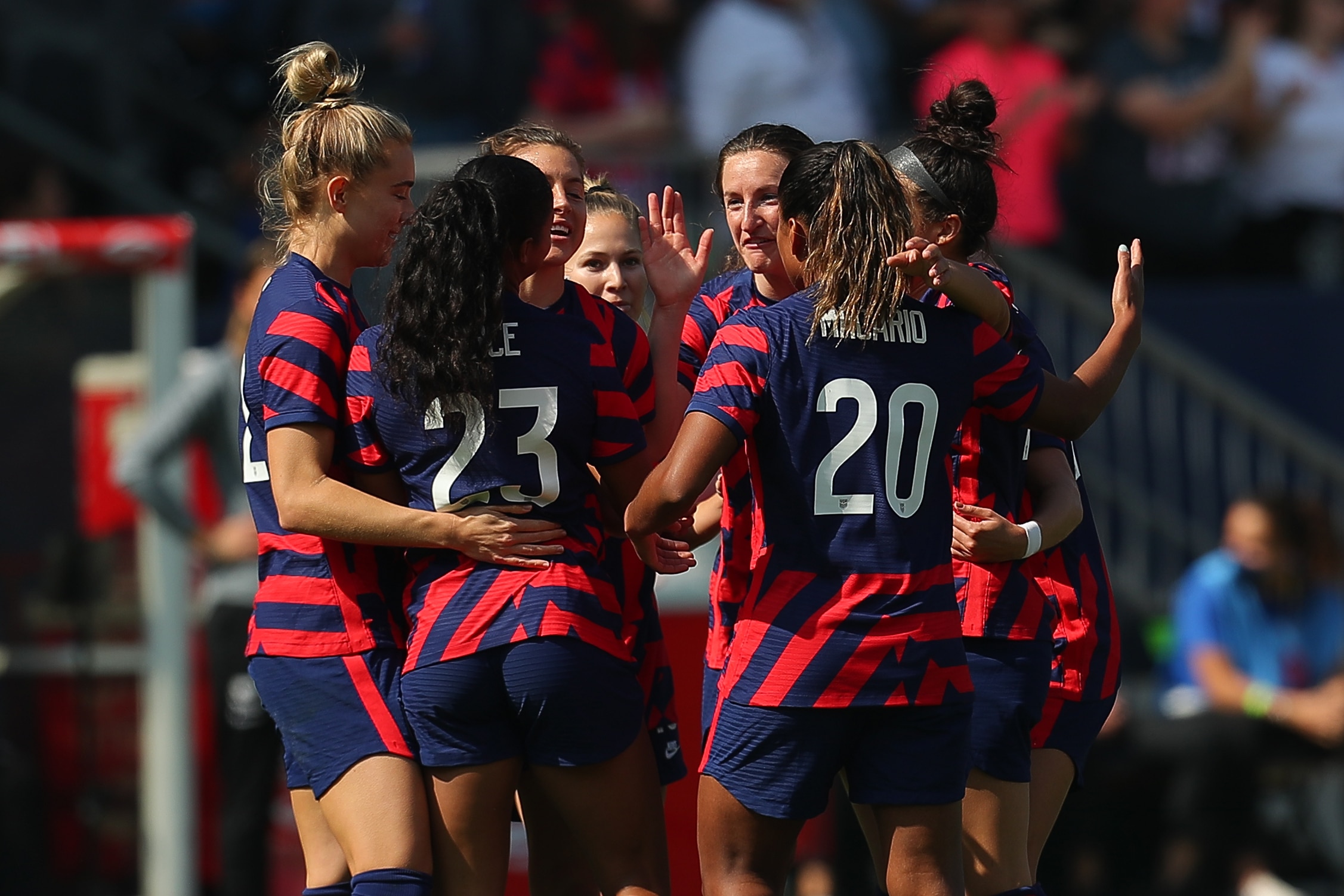 CARSON, CA - FEBRUARY 20: United States players celebrate a second own goal in their favor during a match between New Zealand and United States as part of SheBelieves Cup 2022 at Dignity Health Sports Park on February 20, 2022 in Carson, California. (Photo by Omar Vega/Getty Images)