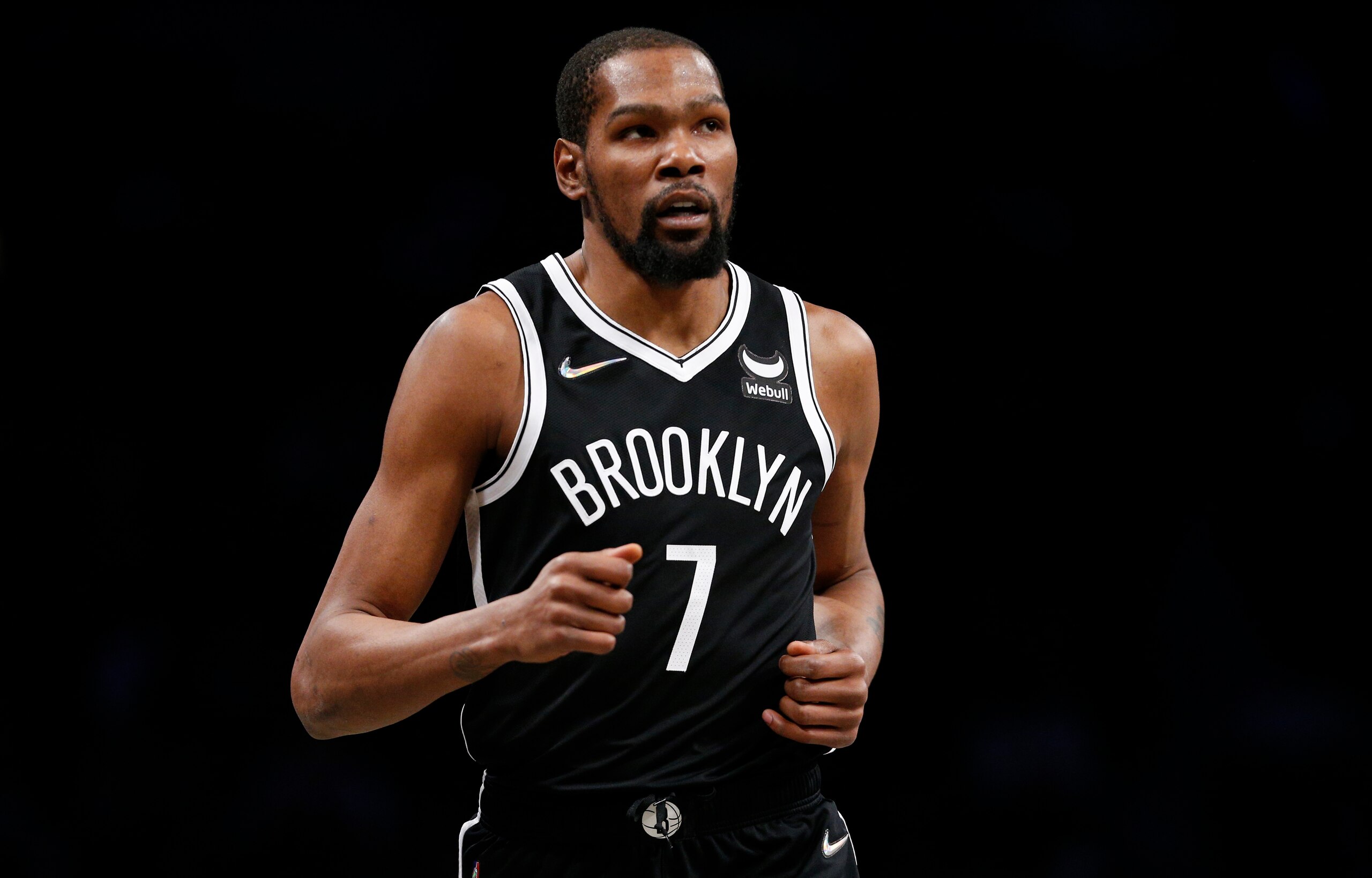 Brooklyn Nets forward Kevin Durant (7) against the New Orleans Pelicans during the first half of an NBA basketball game, Saturday, Jan. 15, 2022 in New York. (AP Photo/Noah K. Murray) Brooklyn Nets forward Kevin Durant (7) against the New Orleans Pelicans during the first half of an NBA basketball game, Saturday, Jan. 15, 2022 in New York. (AP Photo/Noah K. Murray)