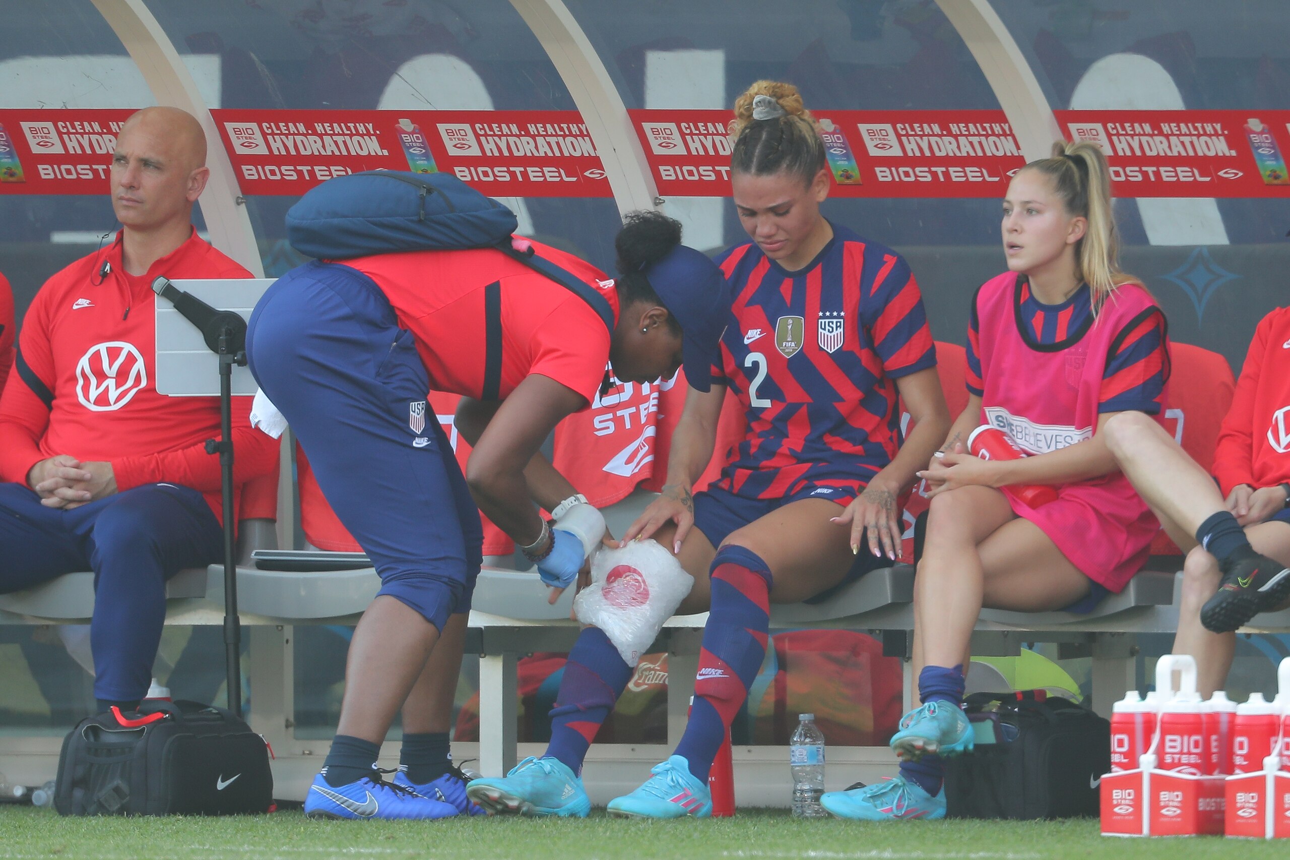 CARSON, CA - FEBRUARY 20: Trinity Rodman #2 of United States  leaves the match due to injury and is attended by medical personnel during a match between New Zealand and United States as part of SheBelieves Cup 2022 at Dignity Health Sports Park on February 20, 2022 in Carson, California. (Photo by Omar Vega/Getty Images)
