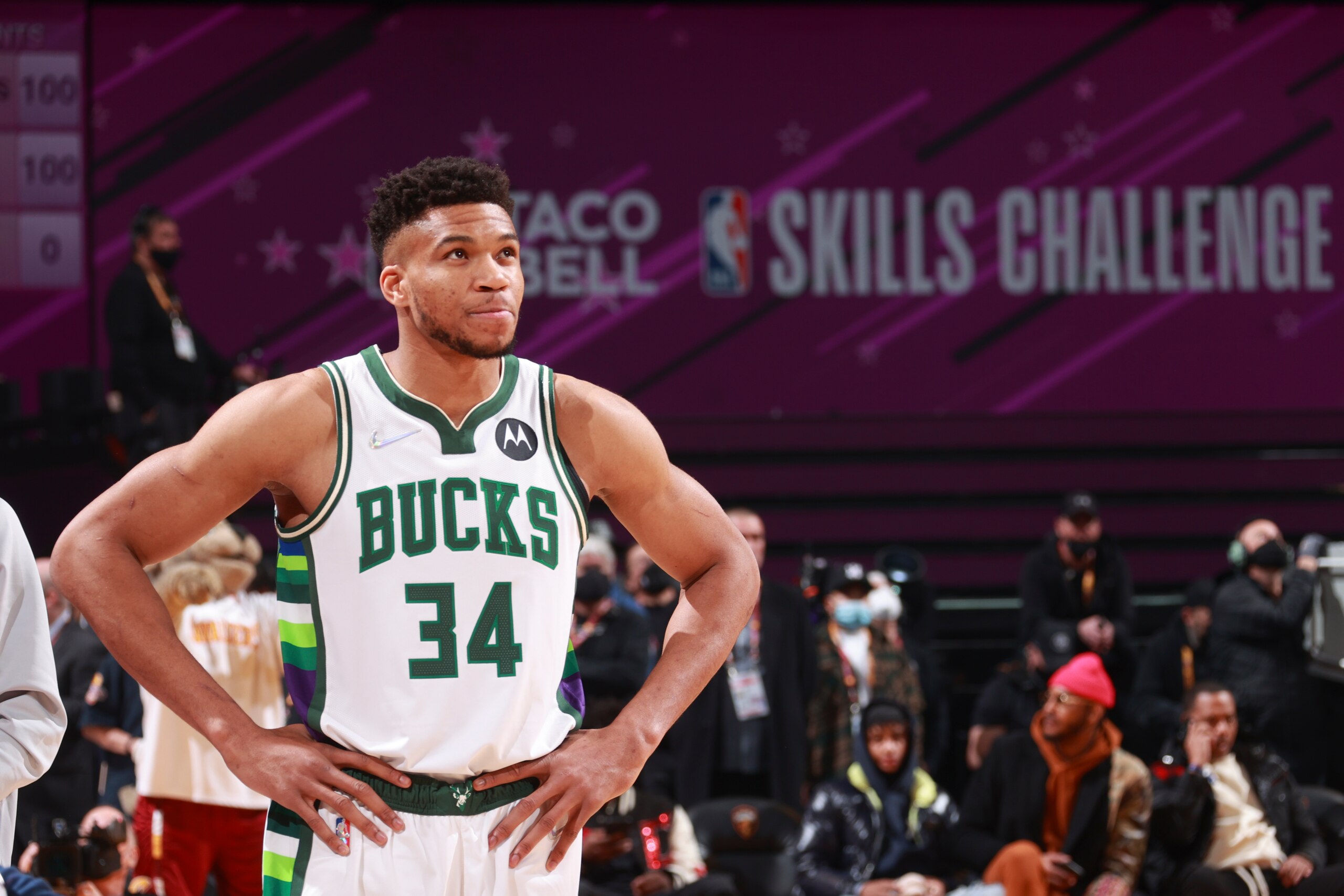 CLEVELAND, OH - FEBRUARY 19: Giannis Antetokounmpo #34 of the Milwaukee Bucks looks on during the Taco Bell Skills Challenge as part of 2022 NBA All Star Weekend on February 19, 2022 at Rocket Mortgage FieldHouse in Cleveland, Ohio. NOTE TO USER: User expressly acknowledges and agrees that, by downloading and/or using this Photograph, user is consenting to the terms and conditions of the Getty Images License Agreement. Mandatory Copyright Notice: Copyright 2022 NBAE (Photo by Nathaniel S. Butler/NBAE via Getty Images) CLEVELAND, OH - FEBRUARY 19: Giannis Antetokounmpo #34 of the Milwaukee Bucks looks on during the Taco Bell Skills Challenge as part of 2022 NBA All Star Weekend on February 19, 2022 at Rocket Mortgage FieldHouse in Cleveland, Ohio. NOTE TO USER: User expressly acknowledges and agrees that, by downloading and/or using this Photograph, user is consenting to the terms and conditions of the Getty Images License Agreement. Mandatory Copyright Notice: Copyright 2022 NBAE (Photo by Nathaniel S. Butler/NBAE via Getty Images)