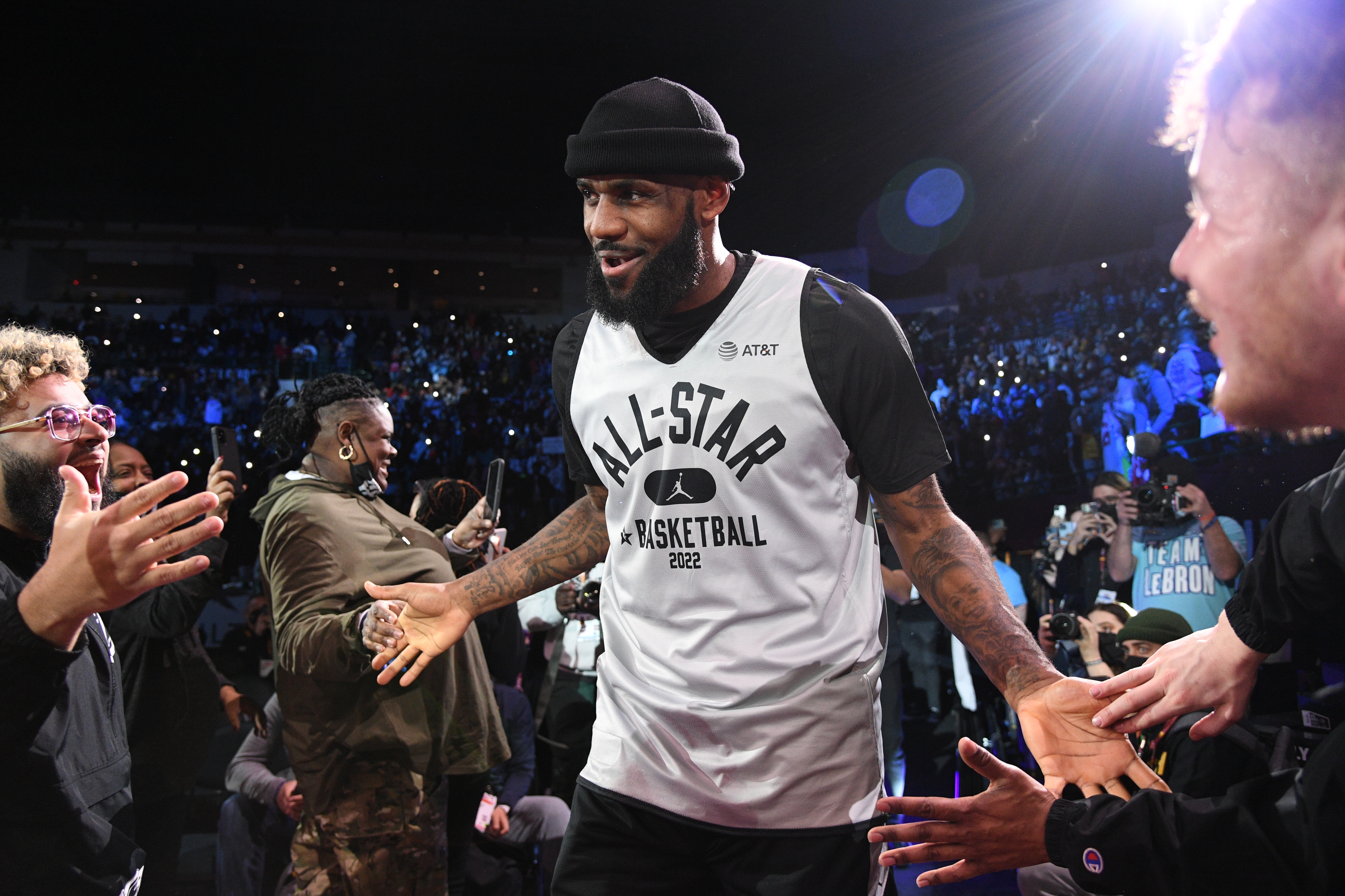 CLEVELAND, OH - FEBRUARY 19: LeBron James #6 of Team LeBron walks onto the court during NBA All Star Practice as part of 2022 NBA All Star Weekend on Friday, February 19, 2022 at Wolstein Center in Cleveland, Ohio. NOTE TO USER: User expressly acknowledges and agrees that, by downloading and/or using this Photograph, user is consenting to the terms and conditions of the Getty Images License Agreement. Mandatory Copyright Notice: Copyright 2022 NBAE (Photo by Chris Schwegler/NBAE via Getty Images)