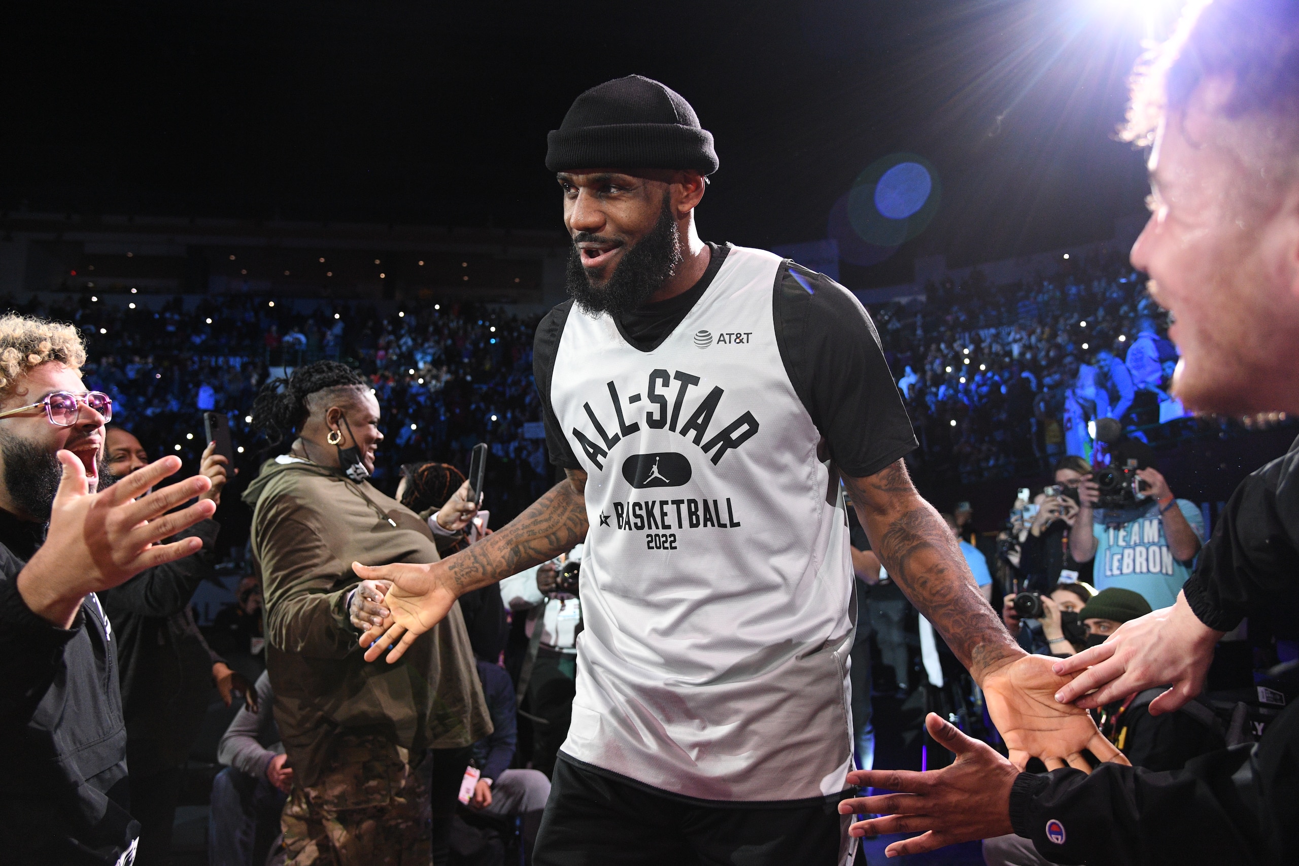 CLEVELAND, OH - FEBRUARY 19: LeBron James #6 of Team LeBron walks onto the court during NBA All Star Practice as part of 2022 NBA All Star Weekend on Friday, February 19, 2022 at Wolstein Center in Cleveland, Ohio. NOTE TO USER: User expressly acknowledges and agrees that, by downloading and/or using this Photograph, user is consenting to the terms and conditions of the Getty Images License Agreement. Mandatory Copyright Notice: Copyright 2022 NBAE (Photo by Chris Schwegler/NBAE via Getty Images)