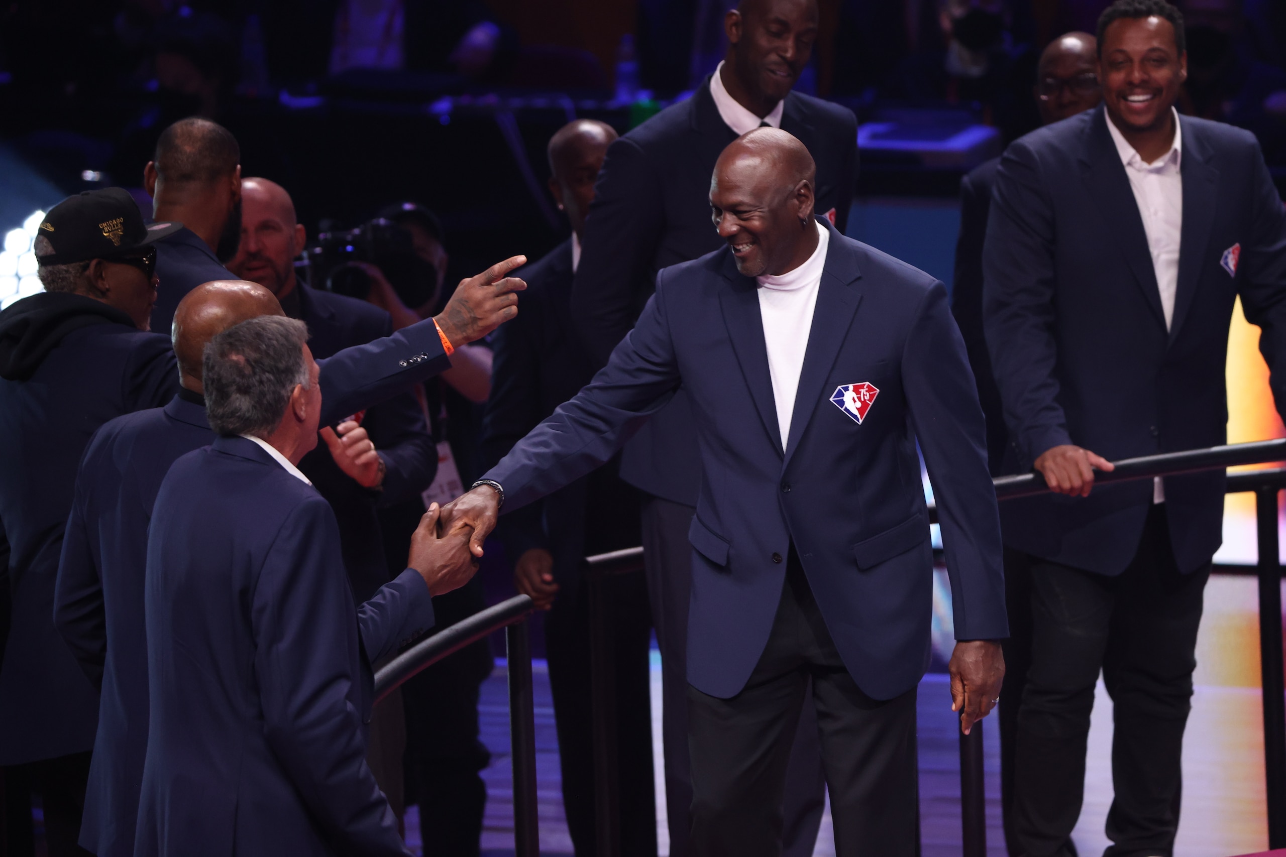 CLEVELAND, OH - FEBRUARY 20: NBA legend Michael Jordan is introduced to the 75th anniversary team during the 2022 NBA All-Star Game as part of 2022 NBA All-Star Weekend on February 20, 2022 at Rocket Mortgage FieldHouse in Cleveland, Ohio. NOTE TO USER: User expressly acknowledges and agrees that, by downloading and or using this photograph, User is consenting to the terms and conditions of the Getty Images License Agreement. Mandatory Copyright Notice: Copyright 2022 NBAE (Photo by Joe Murphy/NBAE via Getty Images)