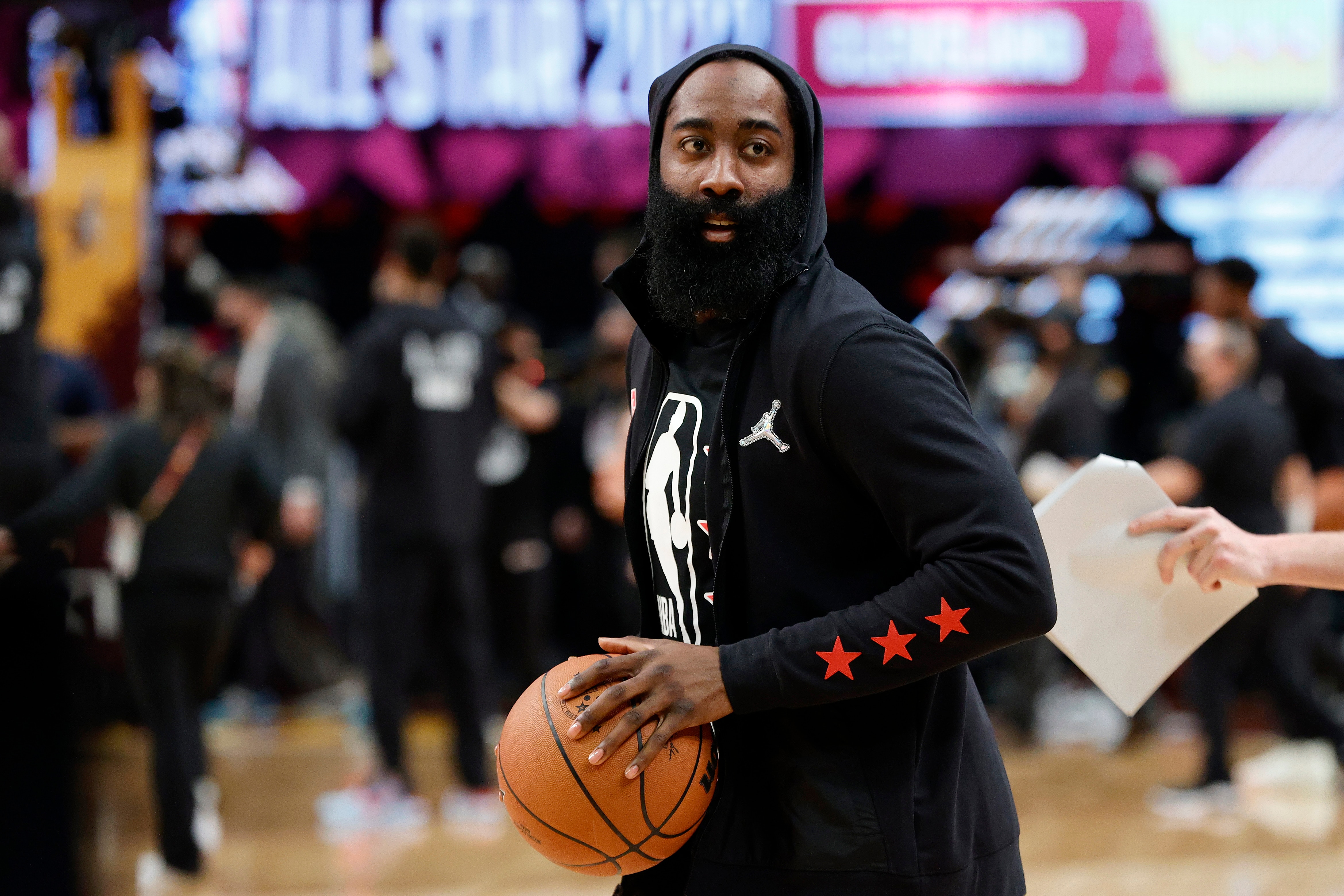 CLEVELAND, OHIO - FEBRUARY 20: James Harden #13 of Team LeBron warms up before the 2022 NBA All-Star Game at Rocket Mortgage Fieldhouse on February 20, 2022 in Cleveland, Ohio. NOTE TO USER: User expressly acknowledges and agrees that, by downloading and or using this photograph, User is consenting to the terms and conditions of the Getty Images License Agreement. (Photo by Tim Nwachukwu/Getty Images)